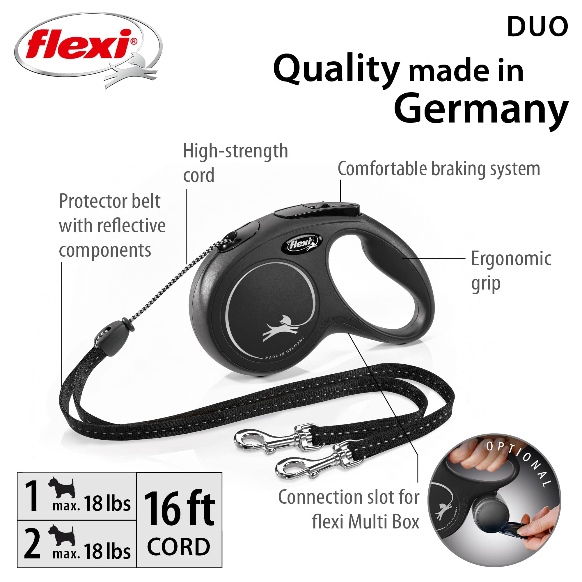 Flexi New Classic Cord Retractable Double Dog Leash For Small Dogs Upto 18 Lbs. – 16 Ft., Black | Tangle Free Pet Walking Leash With One-Handed Brake, Pause, Lock