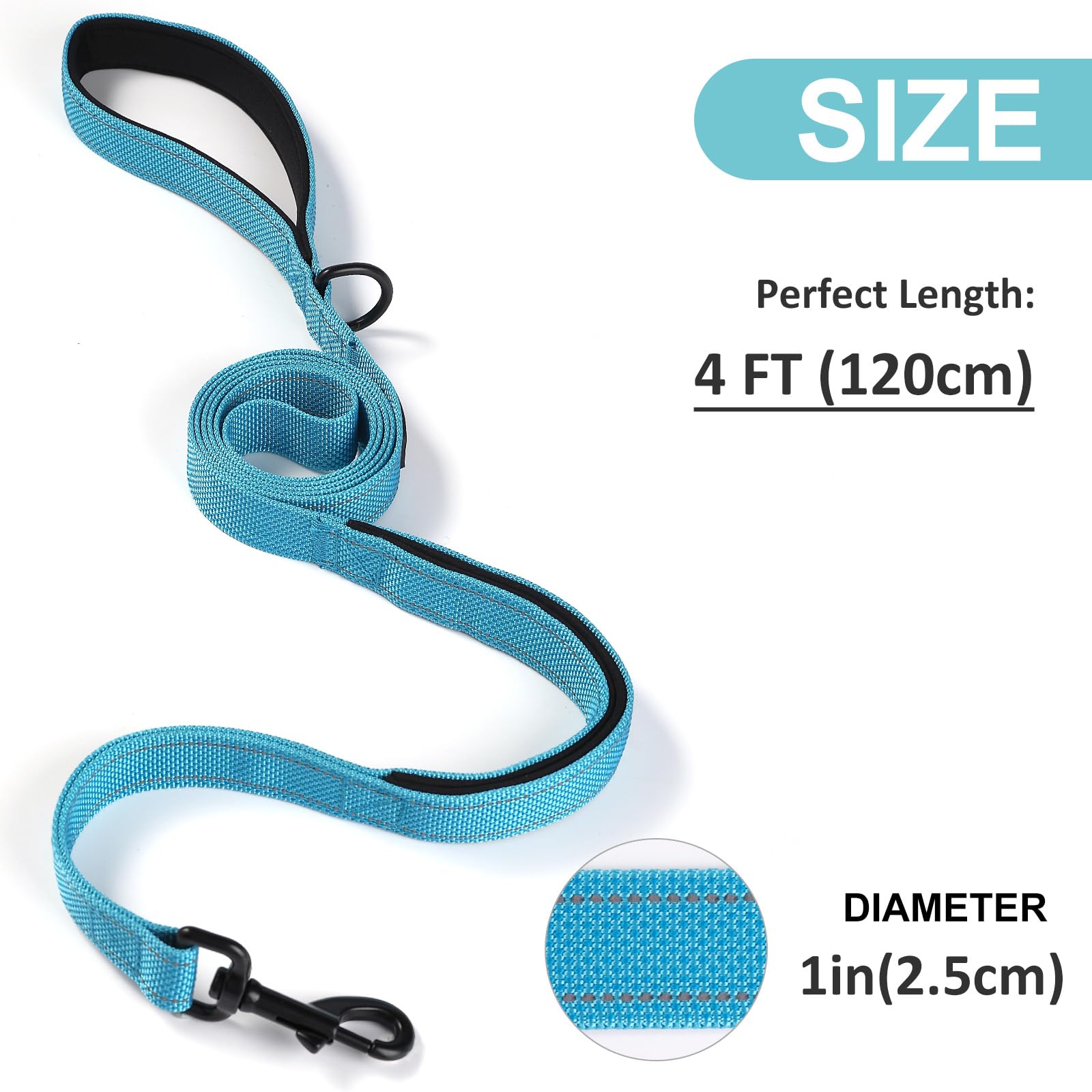 Easyease Dog Leash With 2 Comfortable Soft Padded Handles, Reflective Heavy Duty Pet Dog Walking Leashes, 4Ft Blue Durable Dog T