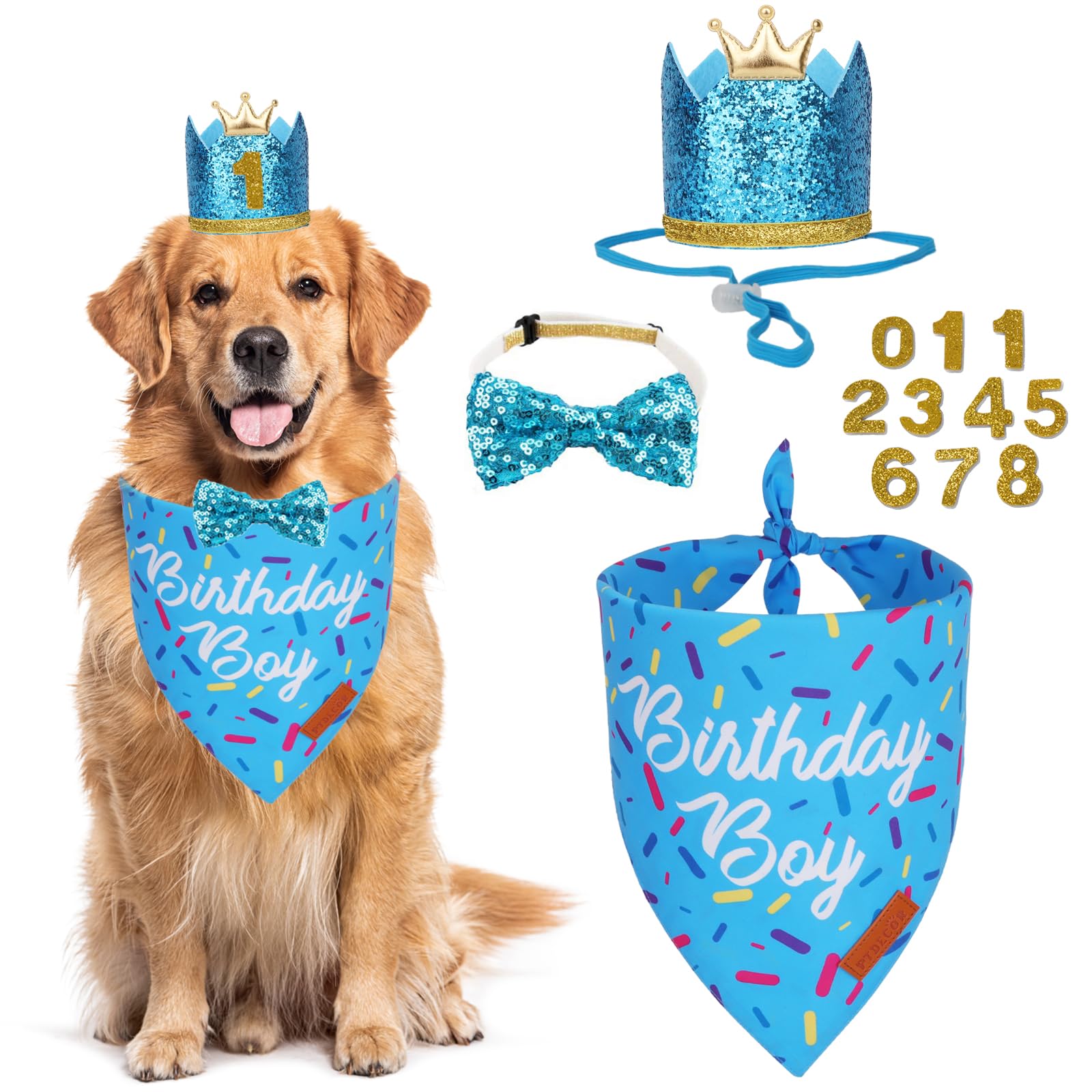 Ptdecor Dog Birthday Party Supplies, Multi Size Birthday Boy Bandana, Blue Crowns Dog Hat Set For Large X-Large Pets (X-Large)