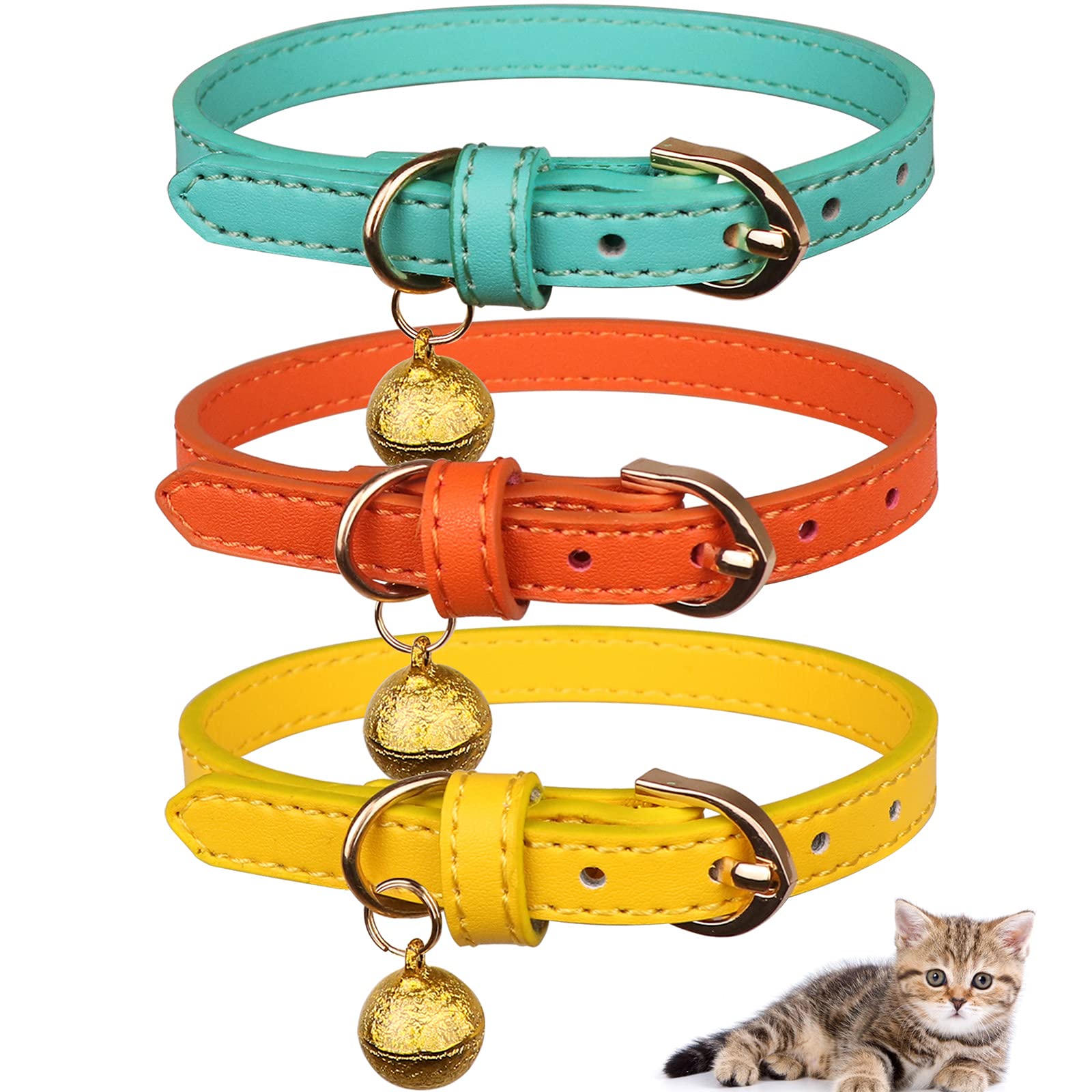Jamktepat 3 Pack Leather Cat Collars With Bells Soft Pet Safety Collar Kitten Collars With Bell Orange Yellow Mint Green(S)