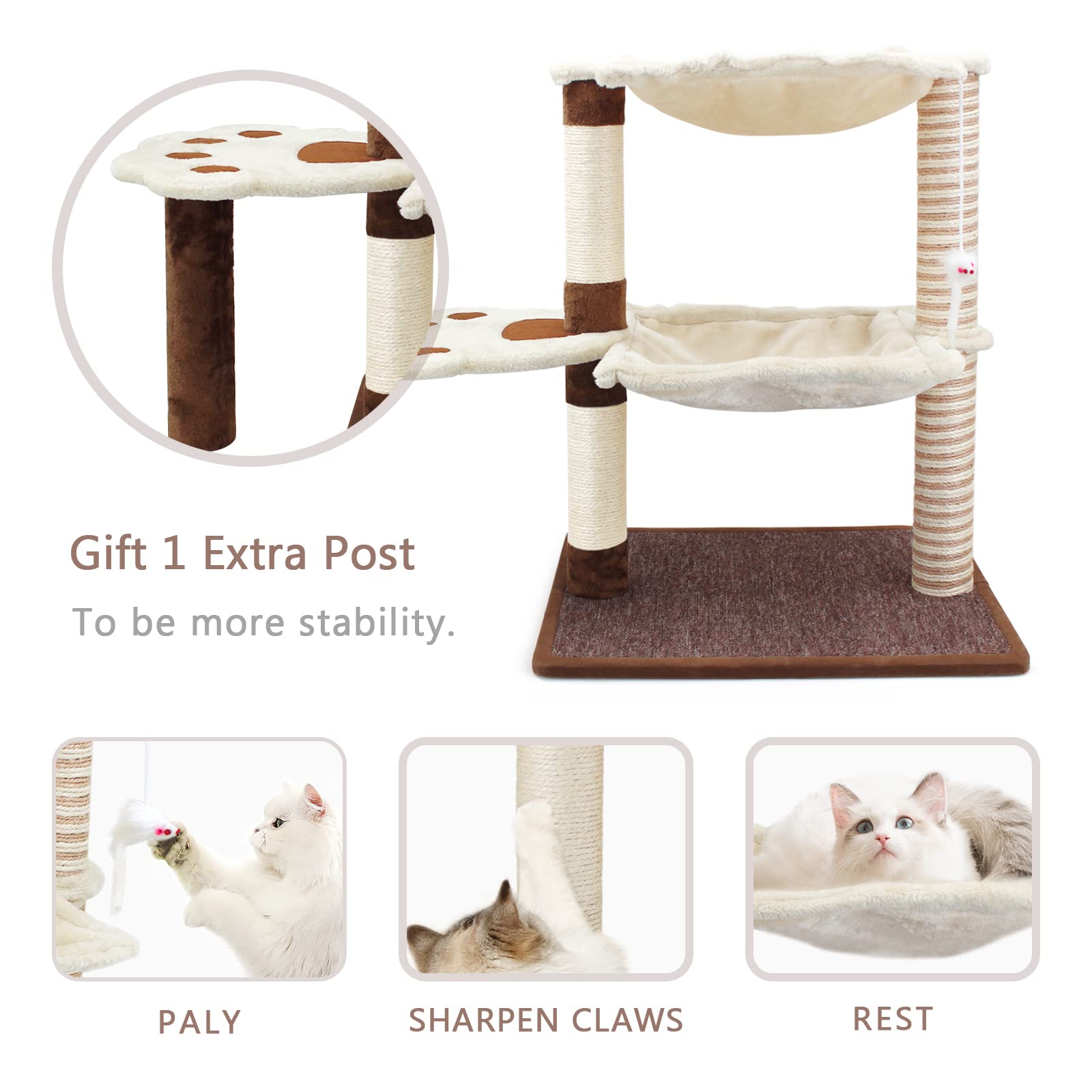 Songway Cat Scratching Post With Hammock - 27.5'' Cat Tree With Natural Sisal Post, Cradle Bed Hammock For Indoor Large Adult Ca