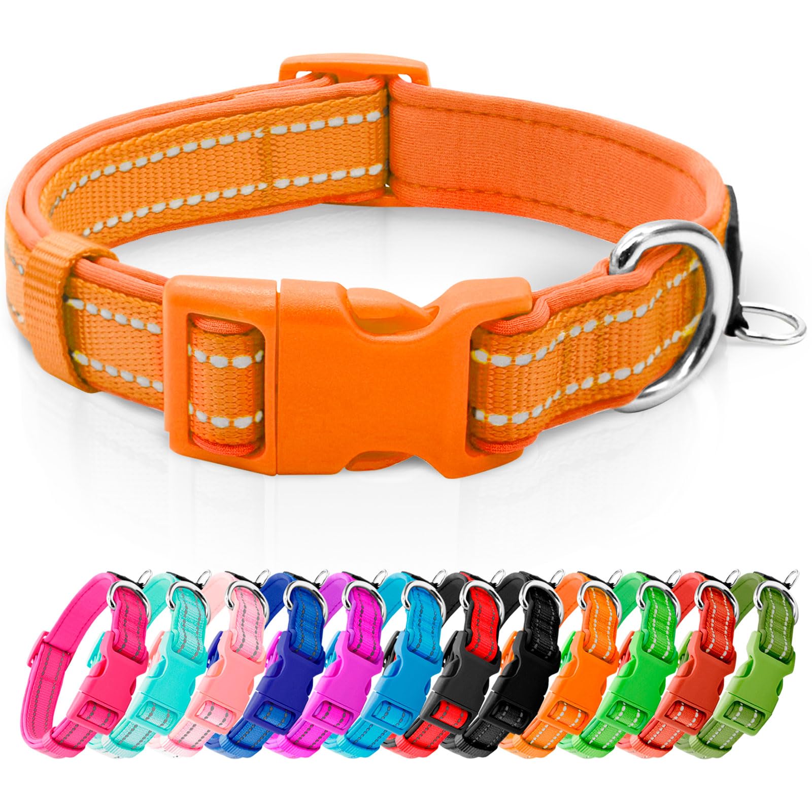 Azuza Reflective Dog Collar, Soft Neoprene Padded Pet Collar With Id Tag Ring, Adjustable For Large Dogs,Orange,L