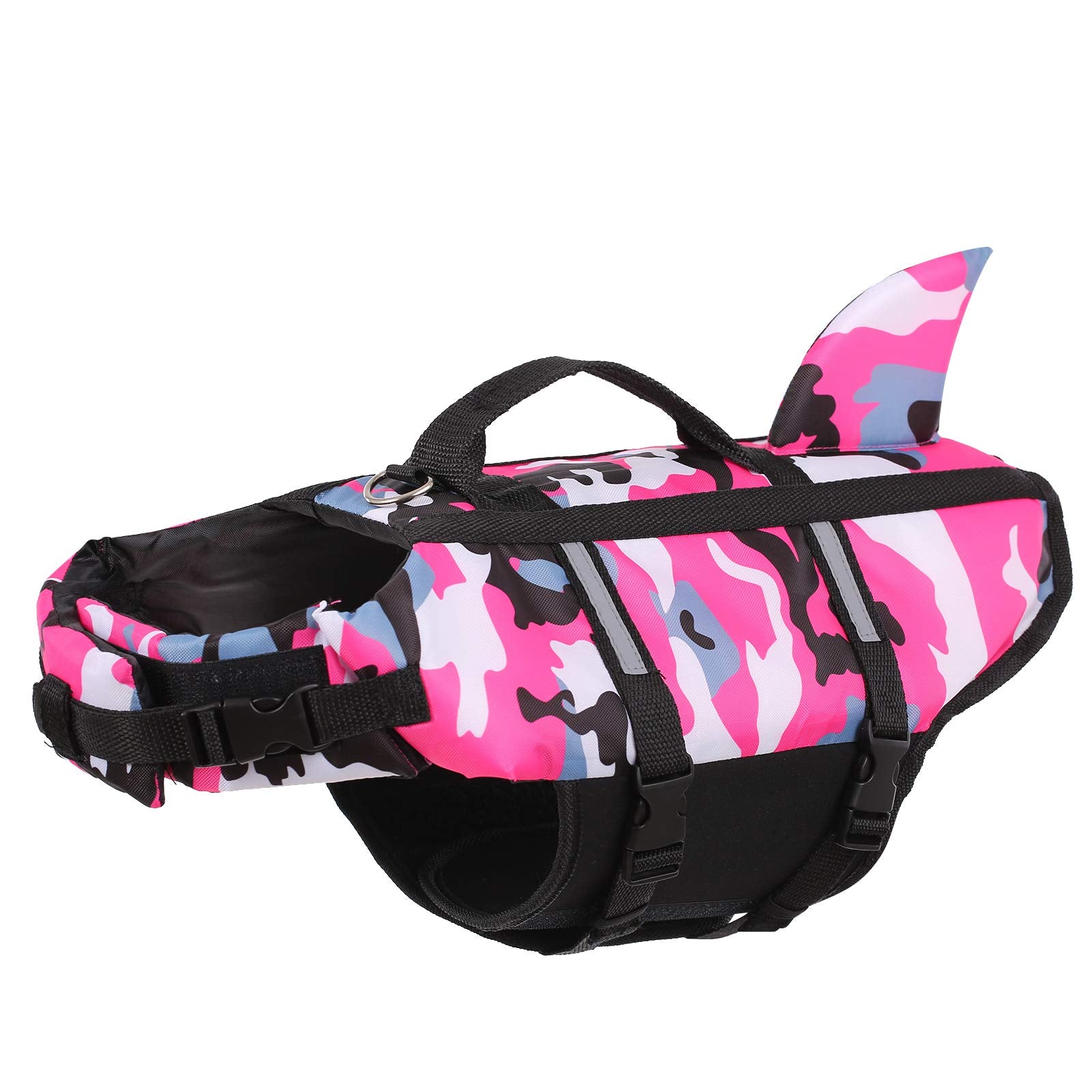 Queenmore Dog Life Jacket Pet Safety Vest High Buoyancy Camouflage Color Cute Shark with Strong Rescue Handle and Leash Ring for