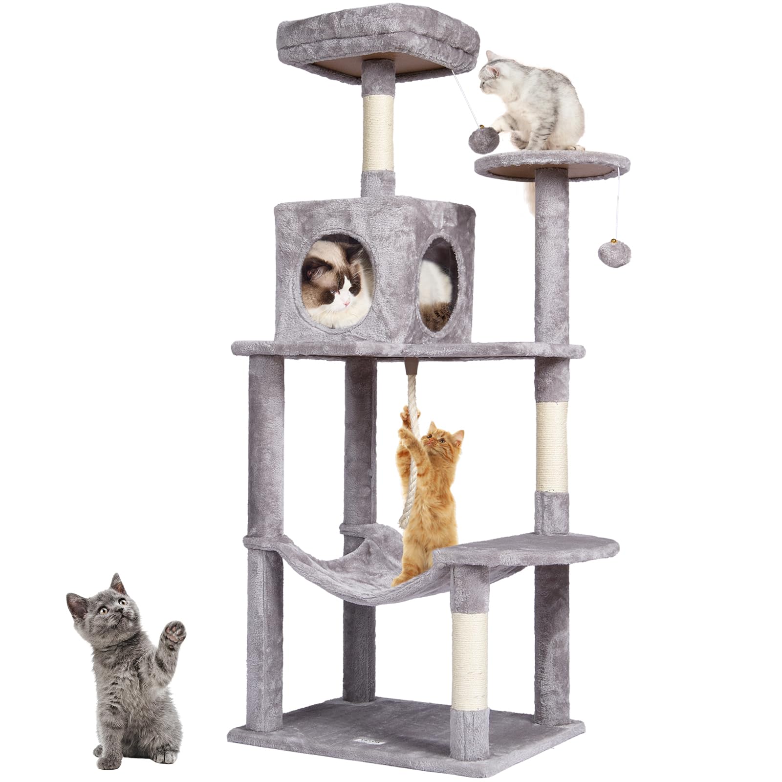 VEVOR Cat Tree 56.2 Cat Tower with Cat Condo Sisal Scratching Post Light Grey