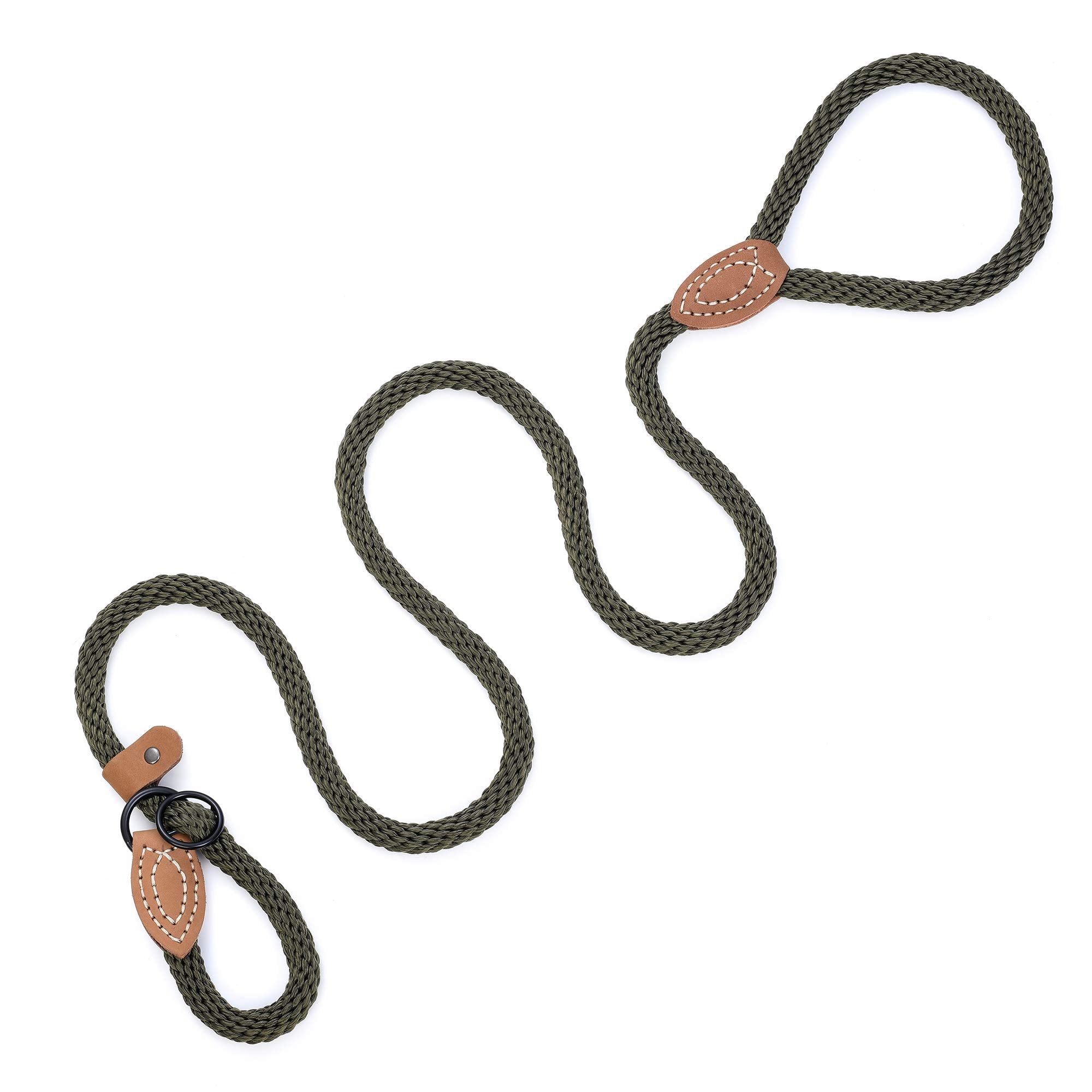 Mile High Life Slip Leads For Dogs | Heavy Duty Dog Training Leash | 5 Feet No Pull Slip Leashes W Leather Tip | Dark Green Rope Lead For Dogs Outside