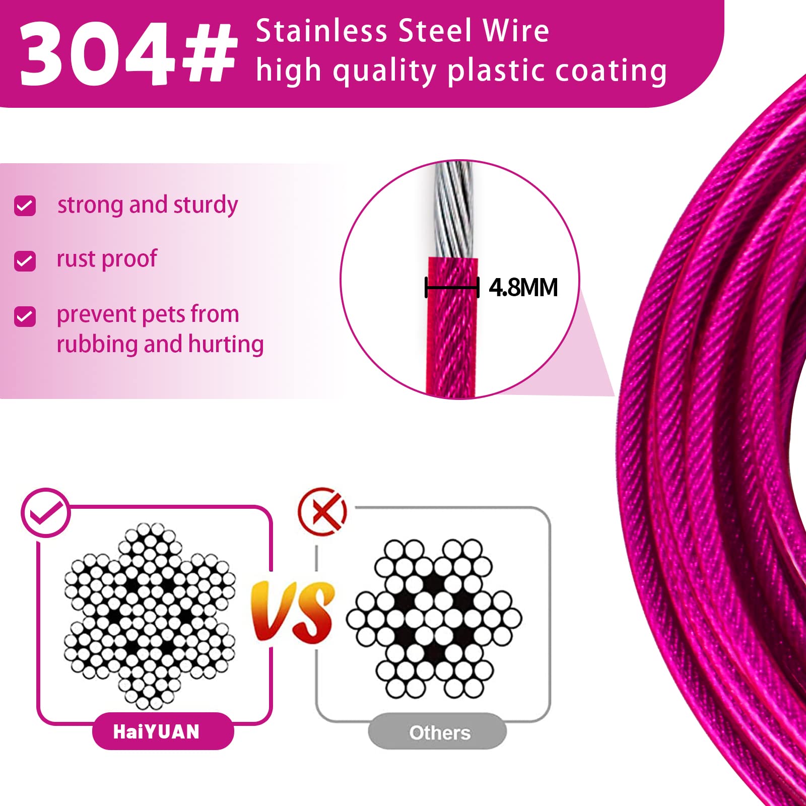 Haiyuan Dog Tie Out Cable 10/15/20/25/30 Ft Runner For Yard Steel Wire Cable With Durable Superior Clips Pink Chains For Outside