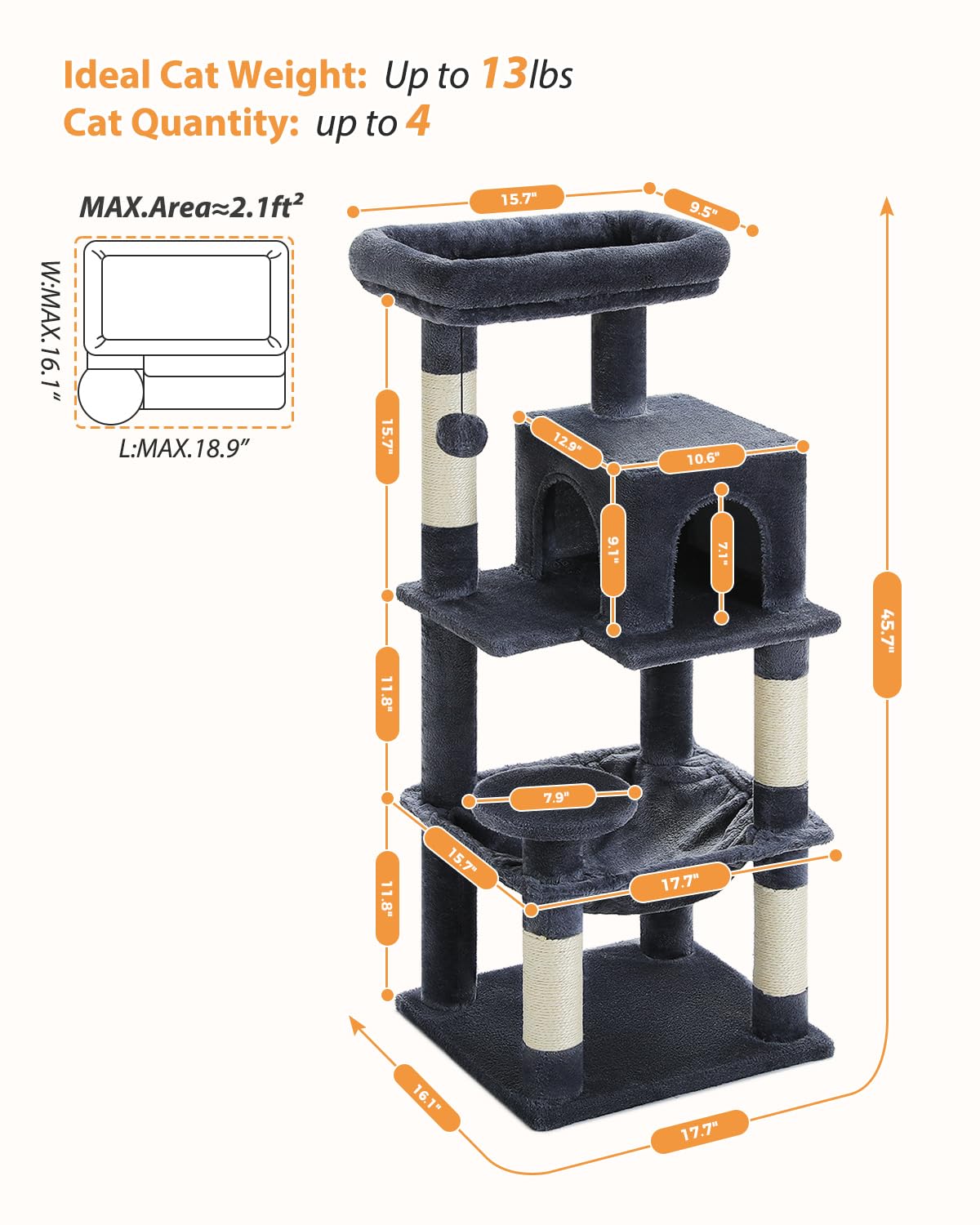 Pequlti 45.7'' Cat Tree For Indoor Cats With Metal Frame Big Hammock, Cat Tower For Small Or Medium Cats With Cat Condo House, W