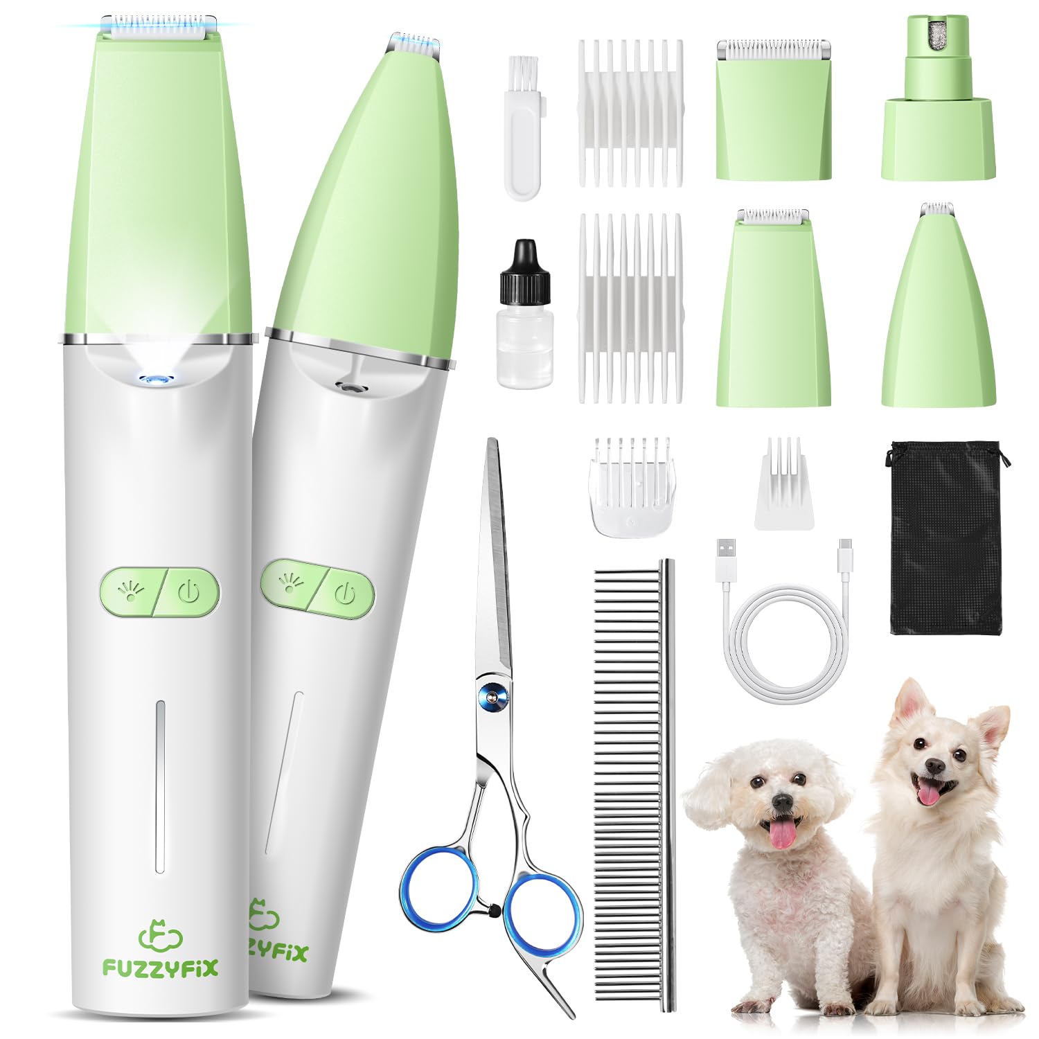 FuzzyFix Dog Grooming Kit with LED Light, Low Noise Rechargeable 4 in 1 Pet Clippers for Matted Hair, Cordless Electric Cat Paw 
