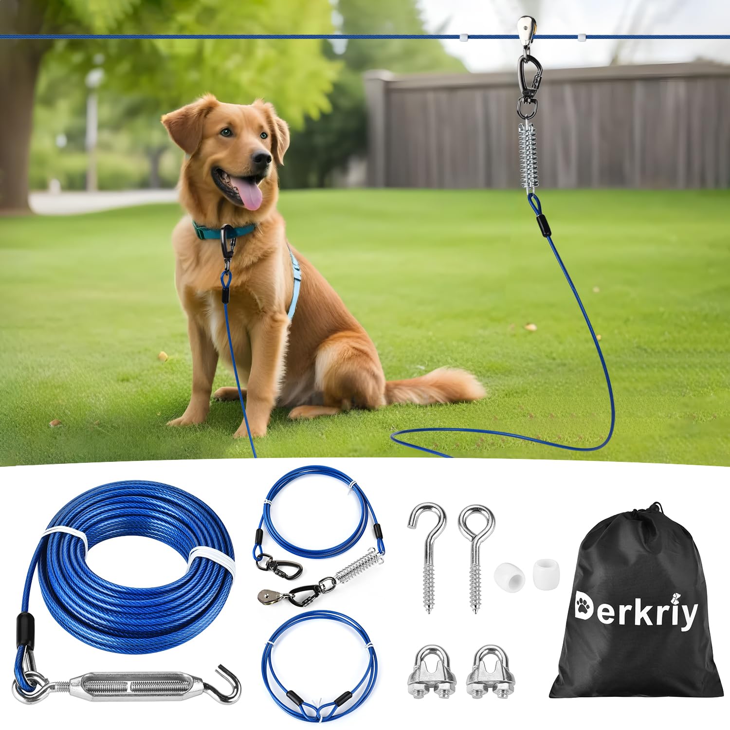 Dog Runner For Yard, Heavy Duty 50Ft Dog Runs For Outside With 10Ft Tie Out Cable, Trolley System Zipline For Large Dogs Up To 2