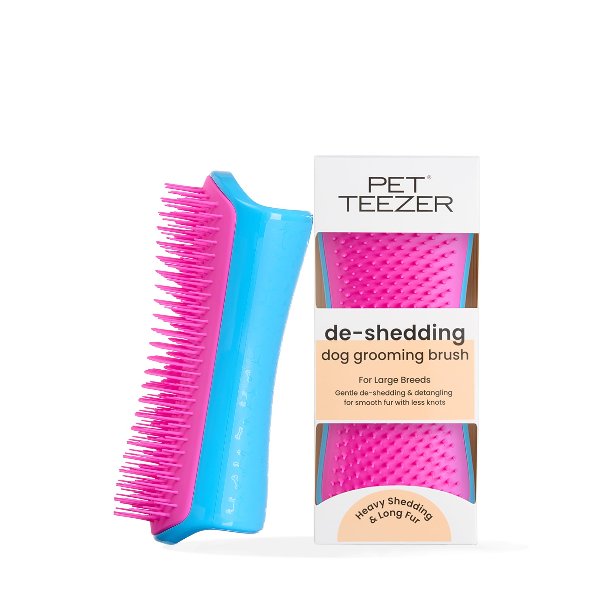 Pet Teezer De-Shedding Dog Brush By Tangle Teezer, Dog Grooming Tool For Long Haired Breeds And Wet Or Dry Fur, Large, Blue & Pi