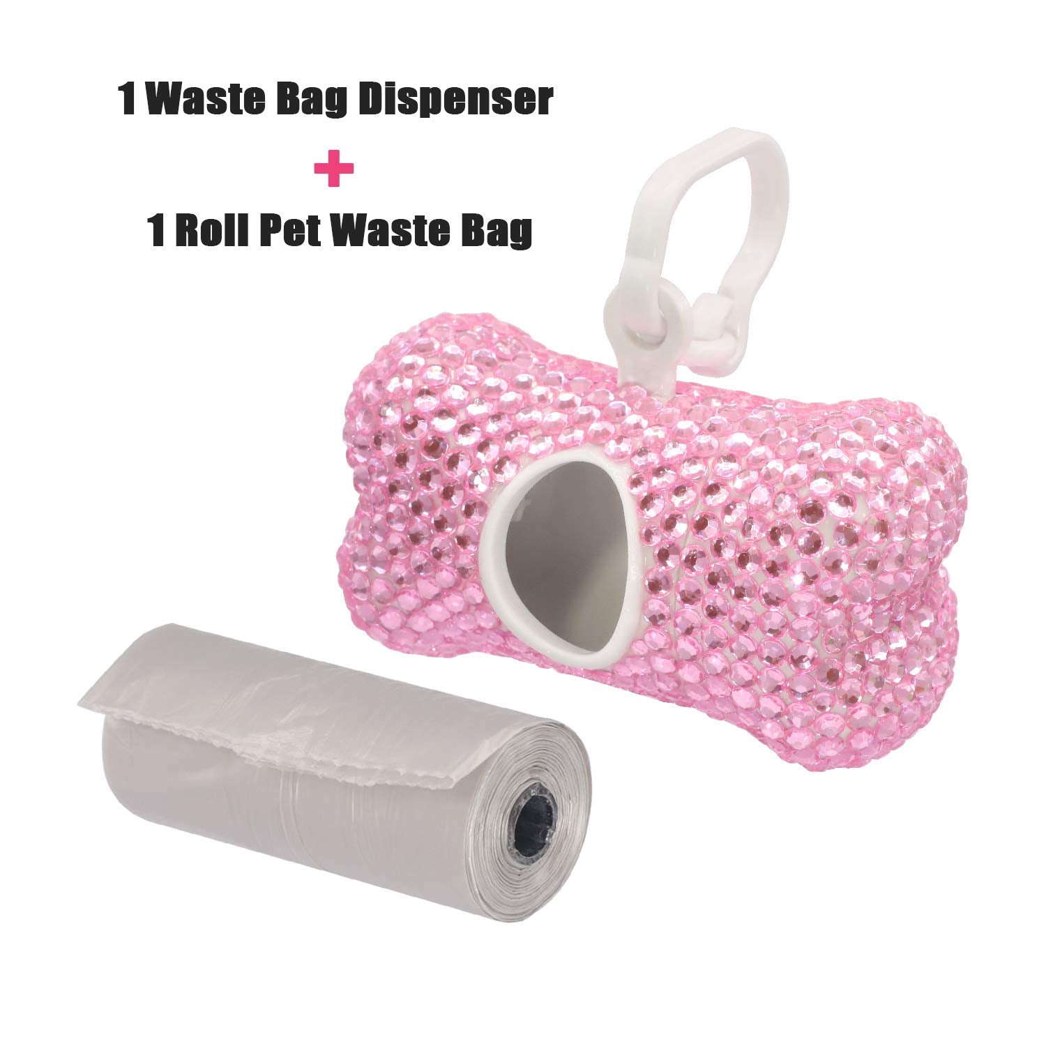 Soleebee Bling Crystal Bone Shaped Pet Waste Bag Dispenser With 1 Roll Waste Bags (Pink)