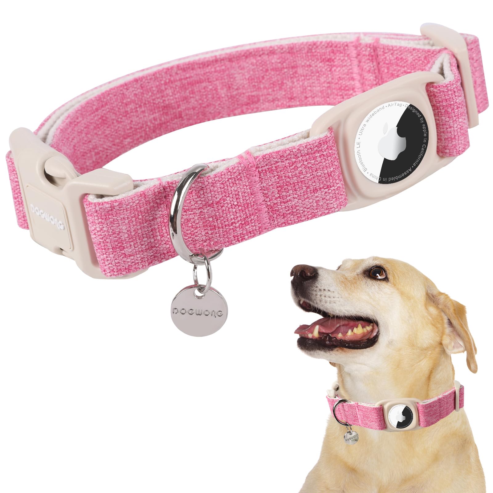 Dogwong Airtag Cotton Hemp Dog Collar, Heavy-Duty With Airtag Holder - Pink, Natural Fabric For Small To Large Dogs
