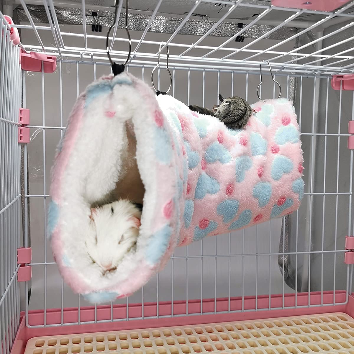 Leftstarer Guinea Pig Ferret Rat Hammock Toy Small Animal Cage Accessories Hideout Tunnel & Bunkbed Hammock For Rat Ferret Guinea Pig Hamster Sugar Glider Chinchilla (Hammock Set Heart-Pink)