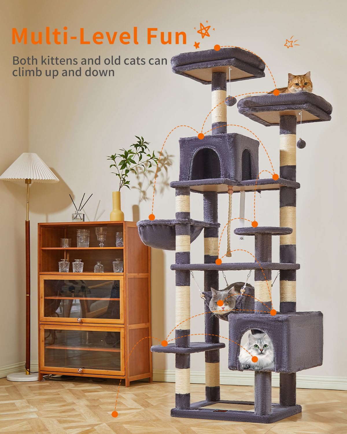 Taoqimiao Cat Tree, 71-Inch Cat Tree Cat Tower For Indoor Cats, Plush Multi-Level Cat Condo With 10 Scratching Posts, 2 Perches,