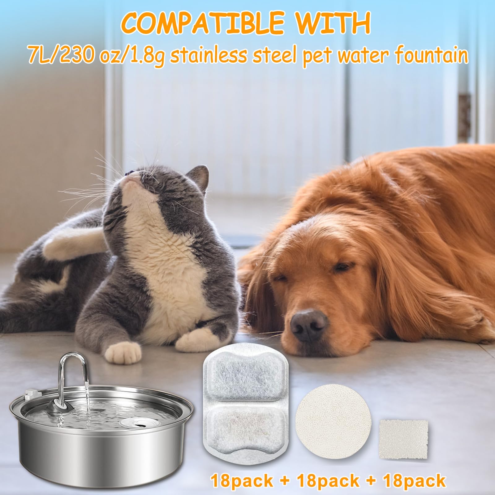 18 Sets Pet Dog Water Fountain Filter Replacement Compatible with Oneisall 7L/230oz Stainless Steel Dog Dispenser - Filtered Dog