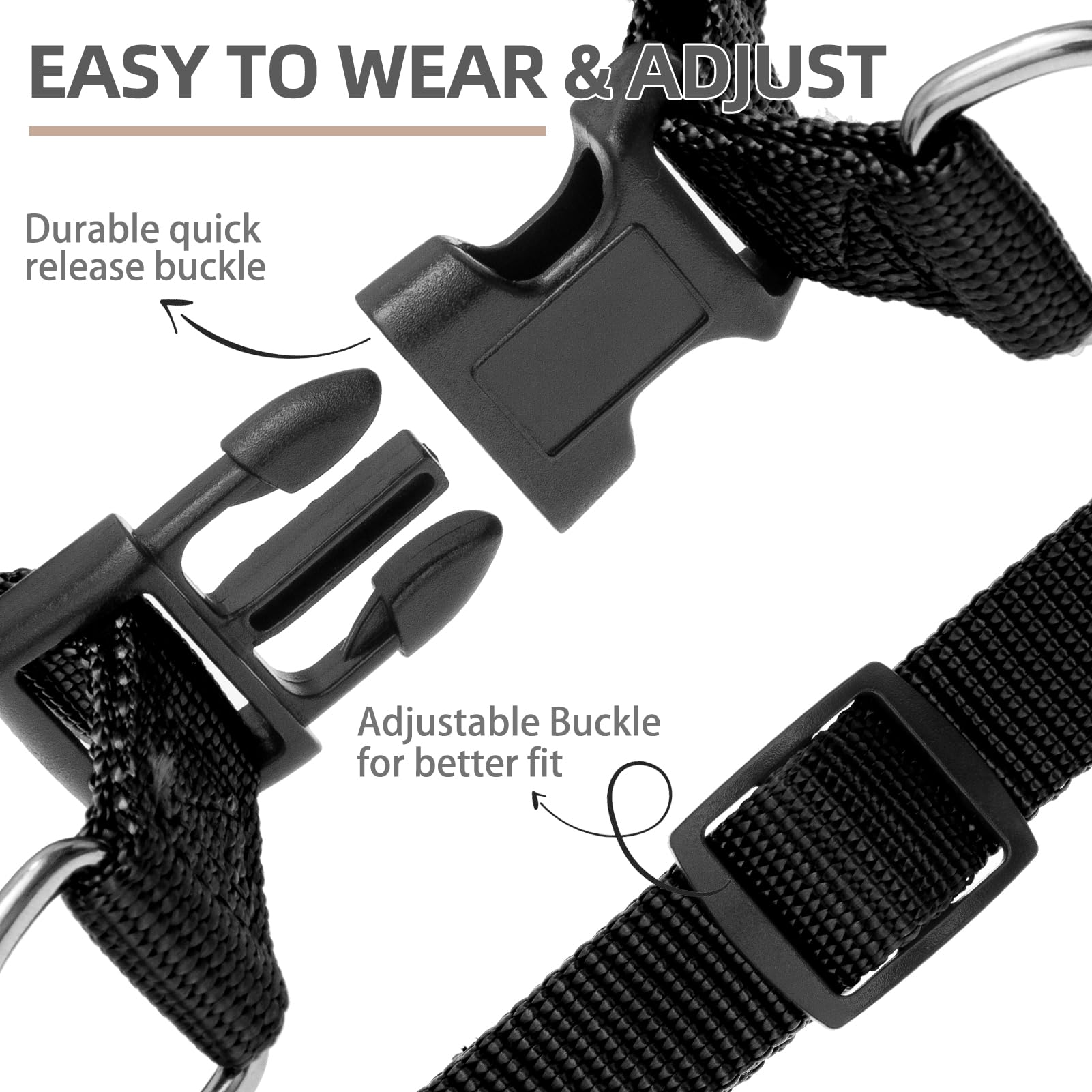PUPTECK No Pull Dog Harness, Soft Adjustable Nylon Vest, Large, Black, Model H009BLKATC_L