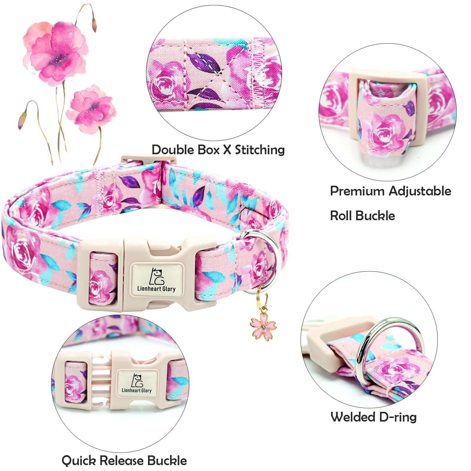 Lionheart Glory Dog Collar Floral Pattern Cute Collar For Medium Dogs Spring Summer Female Or Male Collars Pets Gift Adjustable