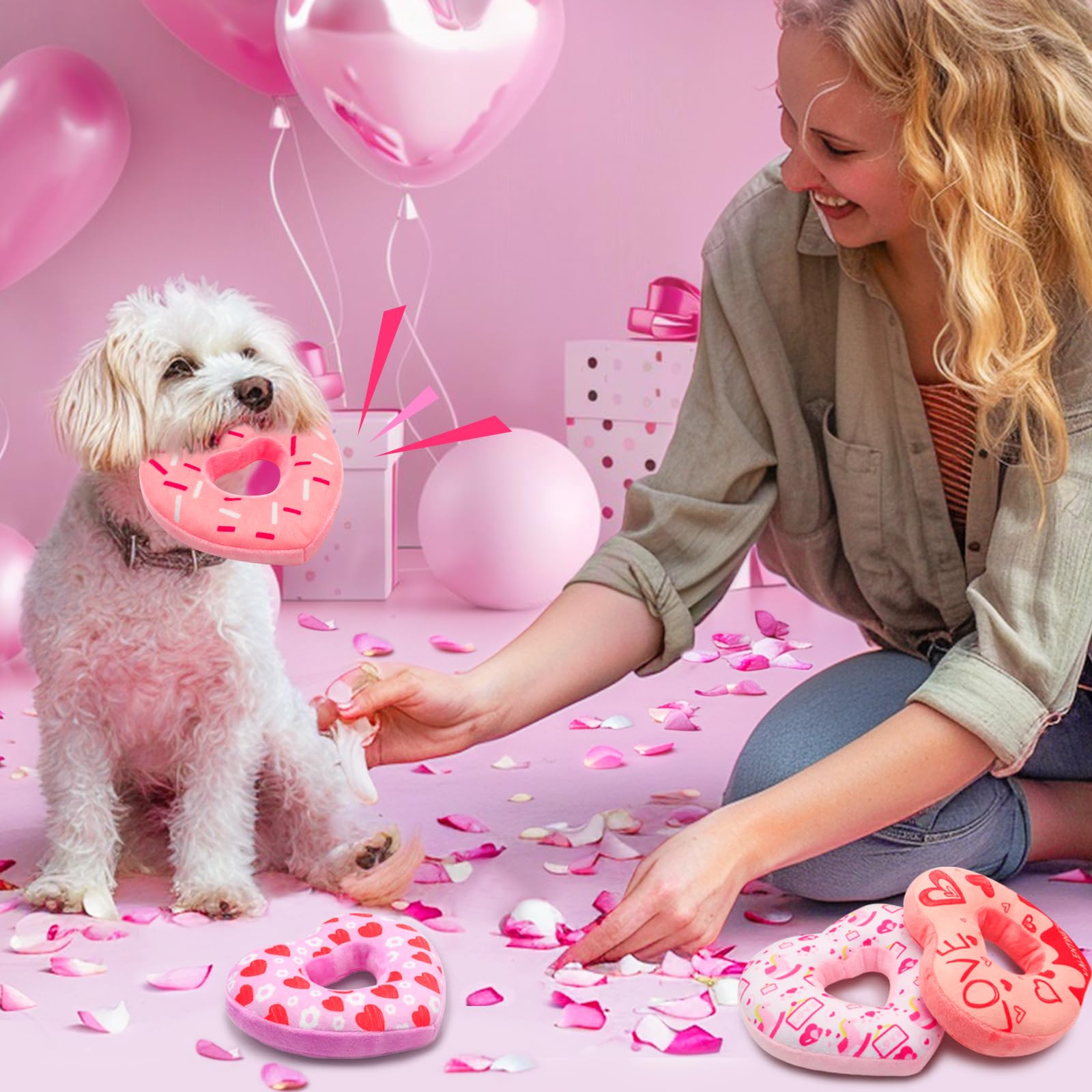 Lepawit 4 Pack Valenine'S Day Dog Toys, Heart Shaped Donut Dog Squeaky Toys, Valentine'S Day Dog Plush Gifts For Small And Mediu