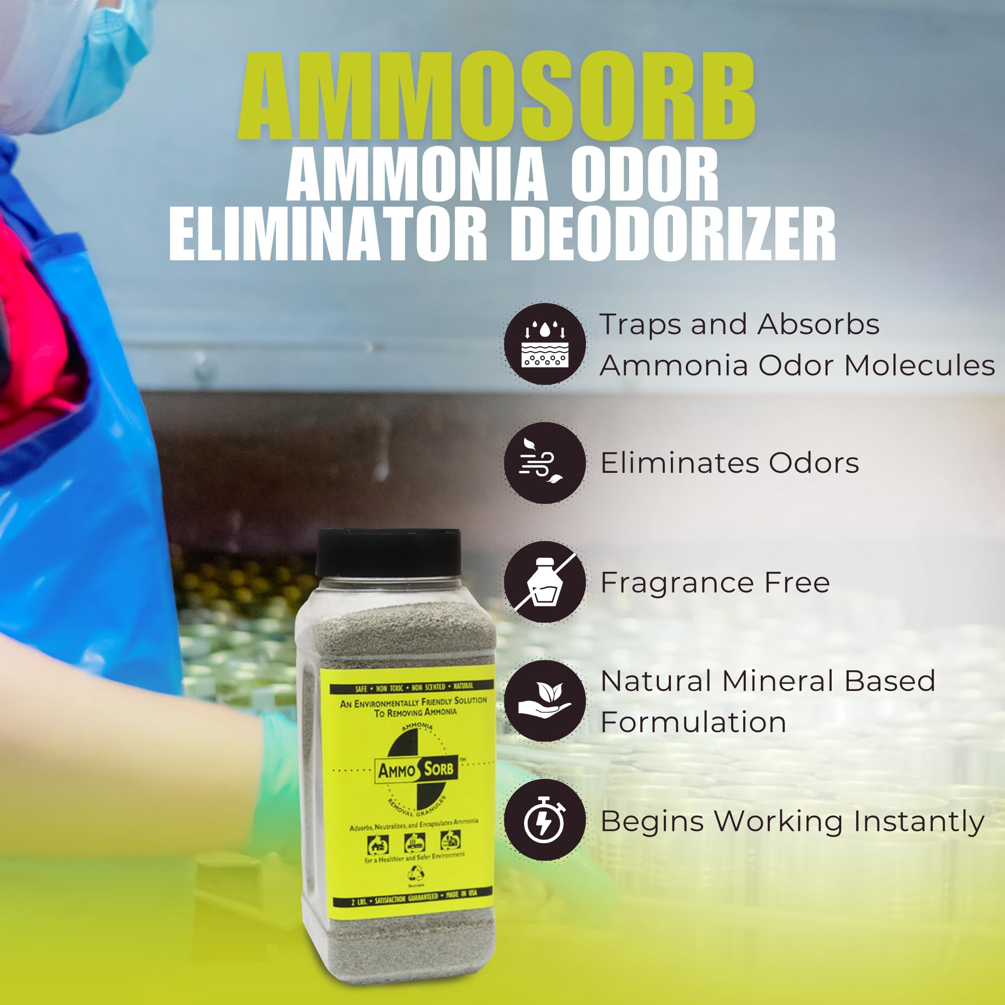Ammosorb - Natural Ammonia Odor Elimination Deodorizer Granules: 2 Lb. - Powerful Odor Eliminator For Strong Odor - Works As Cat