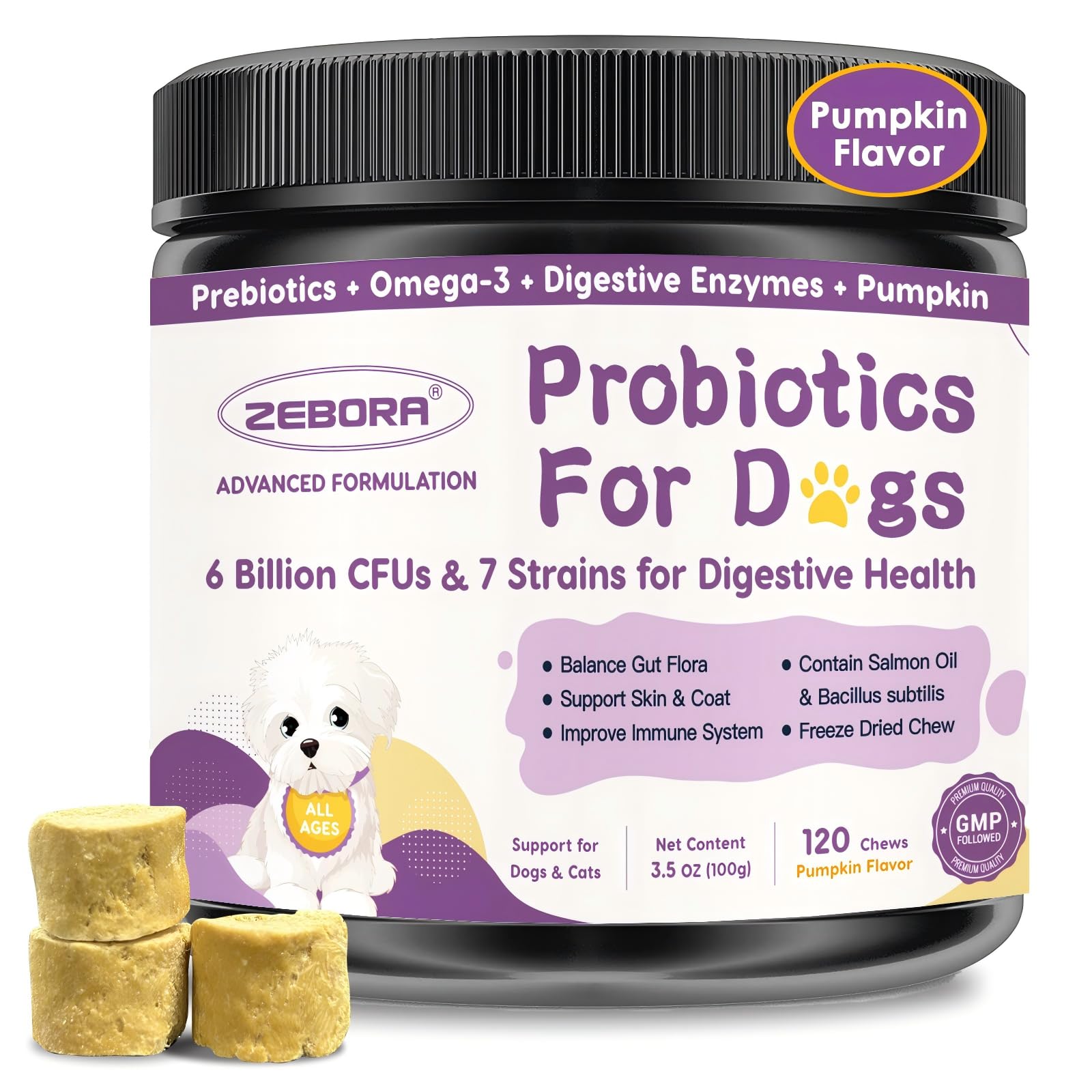 ZEBORA Probiotics for Dogs, Dog Probiotics for Digestive Health, with Pumpkin, Digestive Enzymes, Omega-3, Support Gut, Immune H