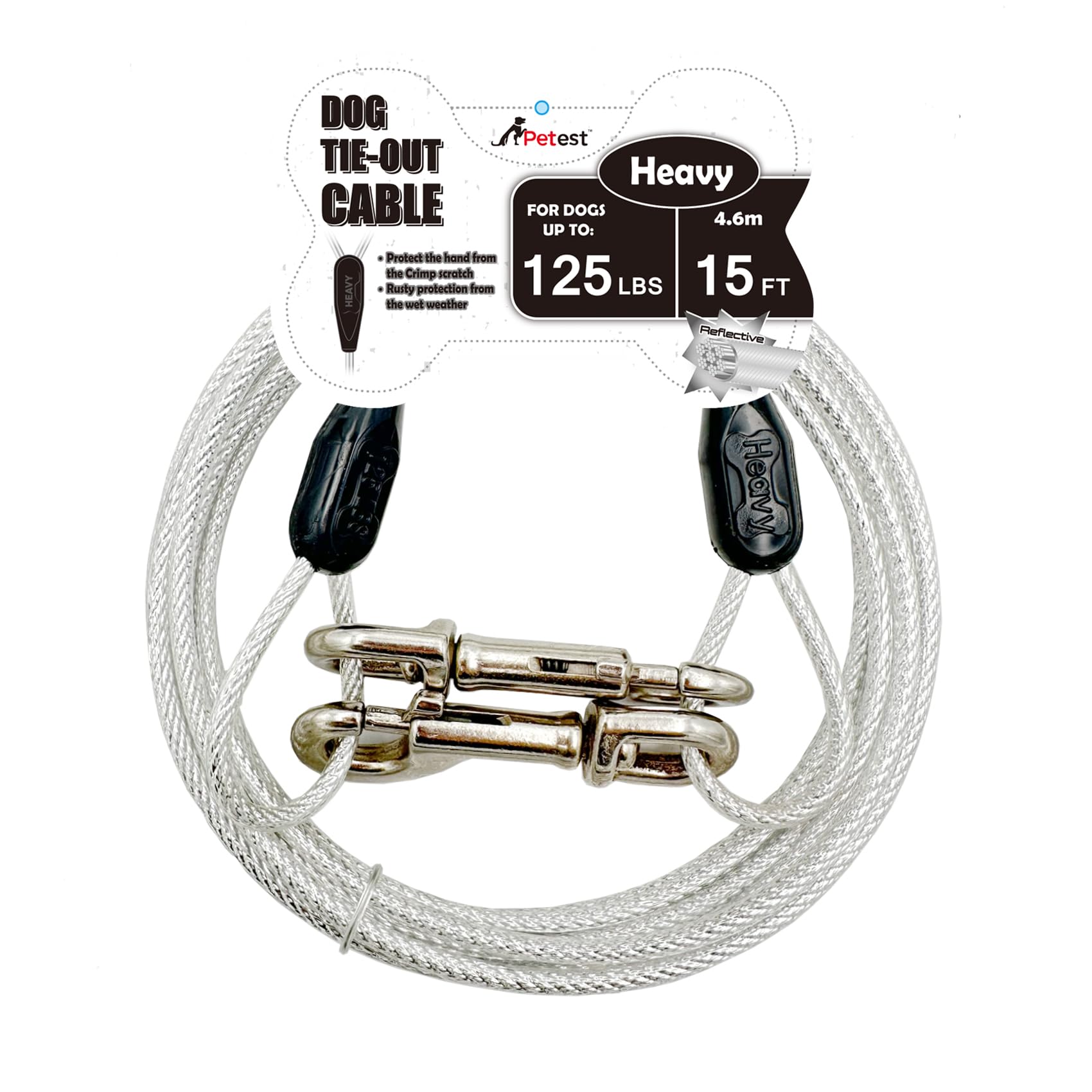 Petest 15Ft Reflective Tie-Out Cable For Heavy Dogs Up To 125 Pounds