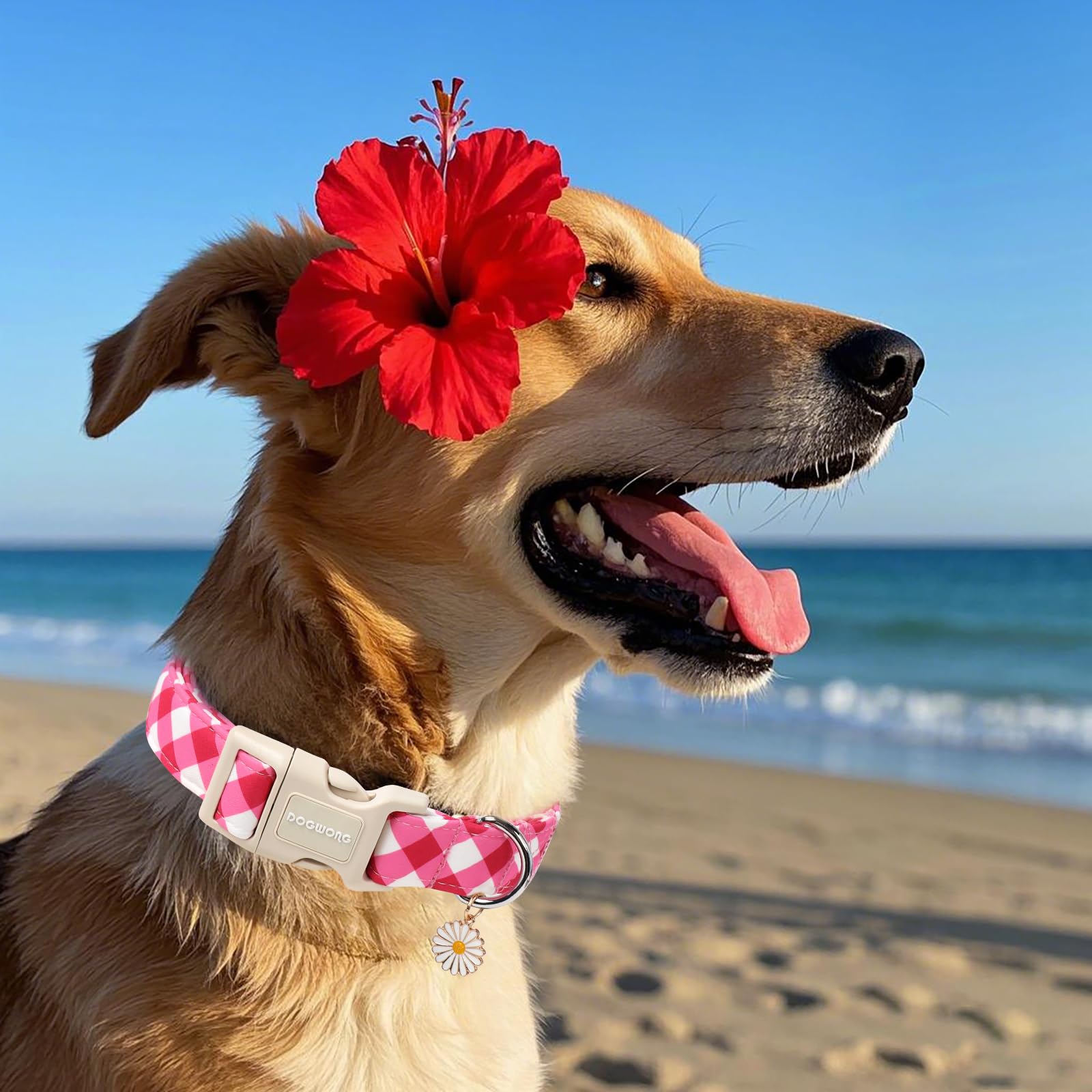 Dogwong Pink Plaid Dog Collar, Pink Dog Collar Adjustable Soft Natural Fabric Girl Pet Dog Collars Cute Puppy Necklace For Small