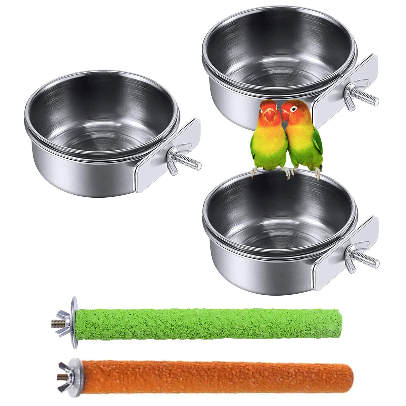 PINVNBY Bird Feeding Dish Cups Parrot Stainless Steel Food Water Dish Perch Stand Platform Feeder Cage Bowl with Clamp Holder fo