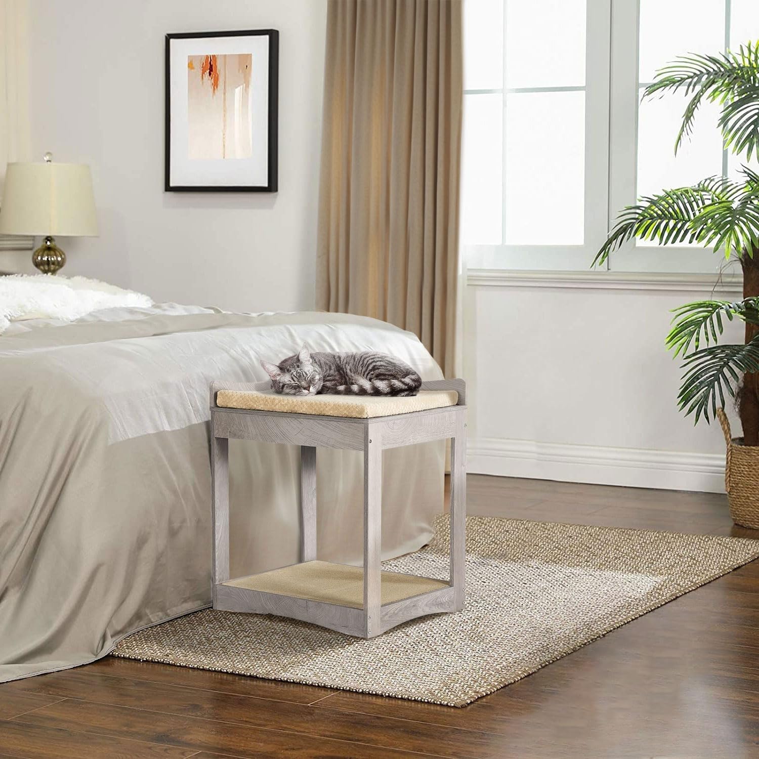 unipaws Cat Window Perch - Elevated Pet Bunk Bed for Small Dogs & Cats, Weathered Grey, 28.5"H, with Cushion & Scratch Pad