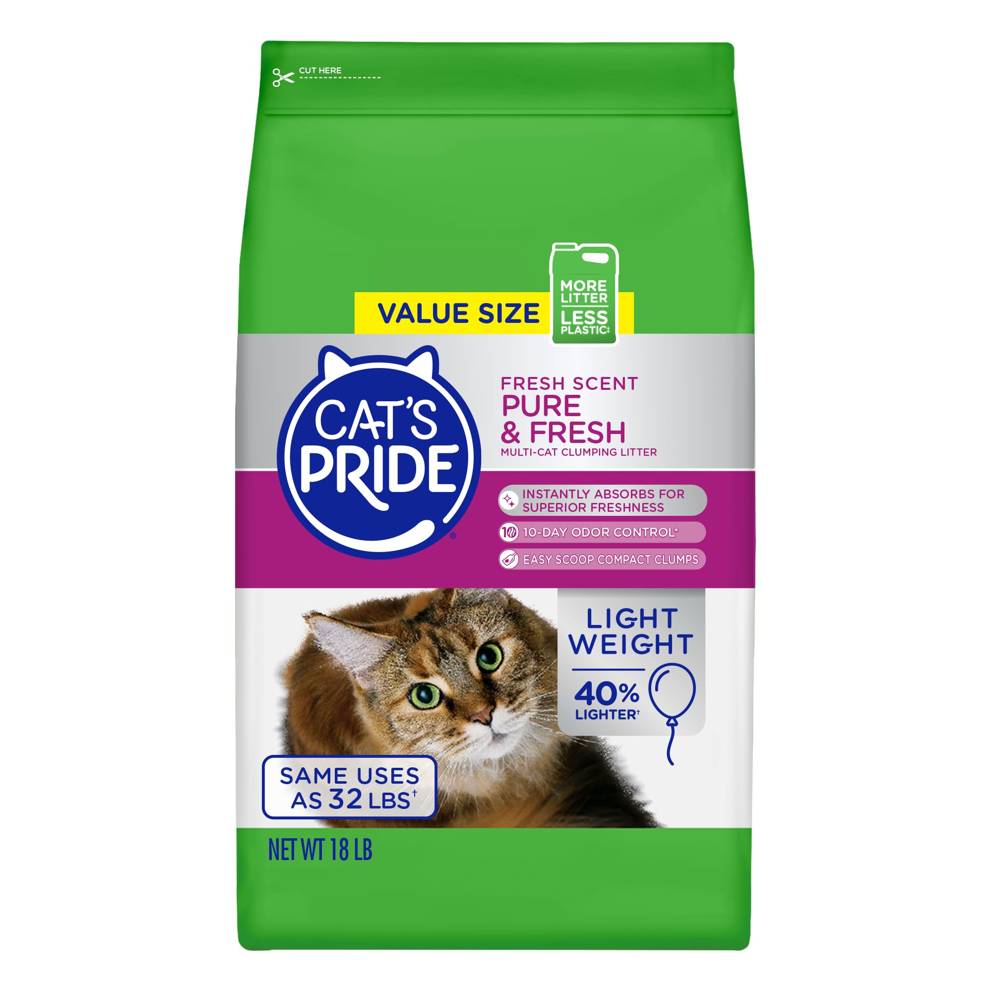 Cats Pride Premium Lightweight Clumping Litter: Pure & Fresh - Up to 10 Days of Powerful Odor Control - Multi-Cat, Scented, 18 