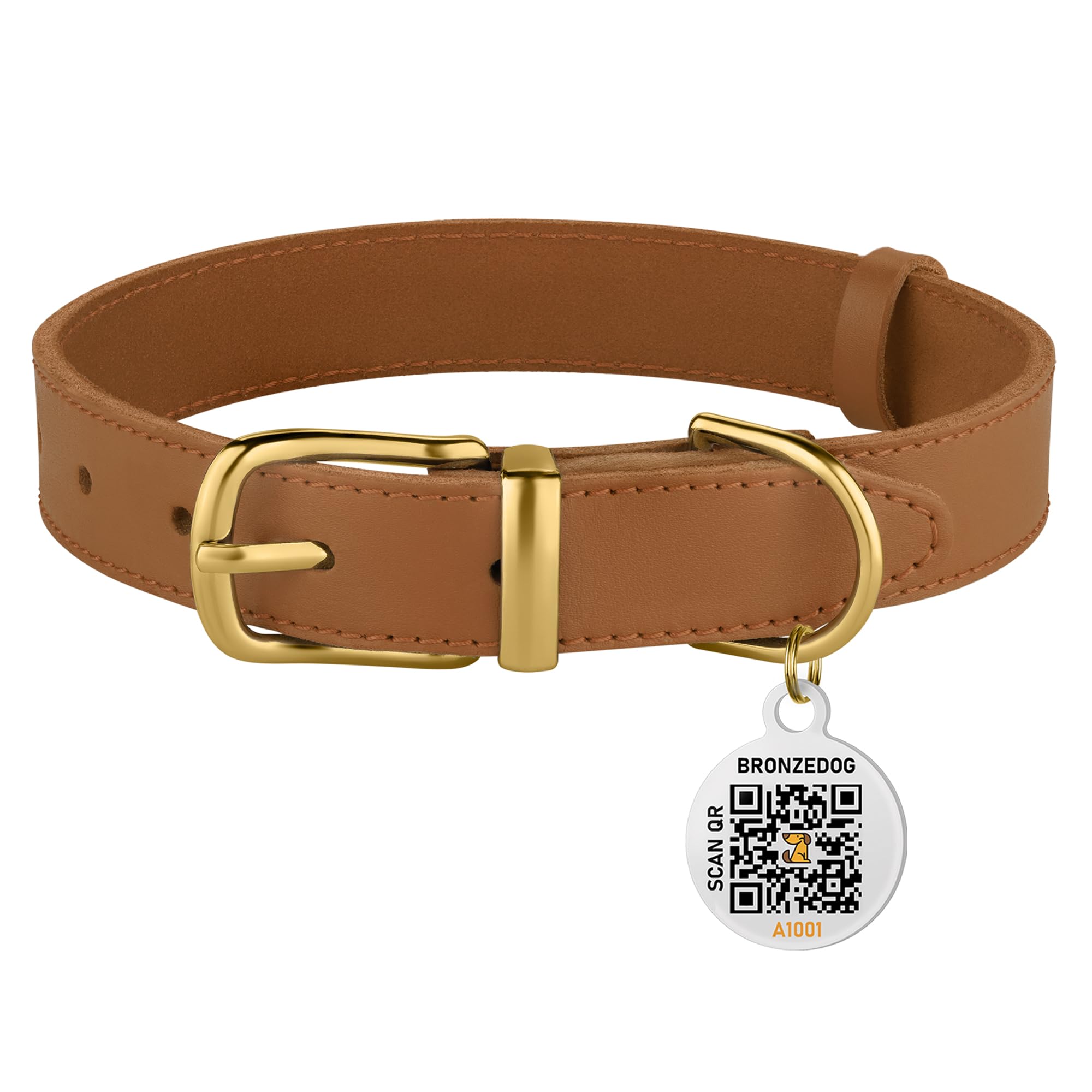 Bronzedog Leather Dog Collar With Metal Buckle Durable Basic Pet Collars For Small Medium Large Dogs (11-13 Inch (Pack Of 1), Light Brown & Gold Buckle)