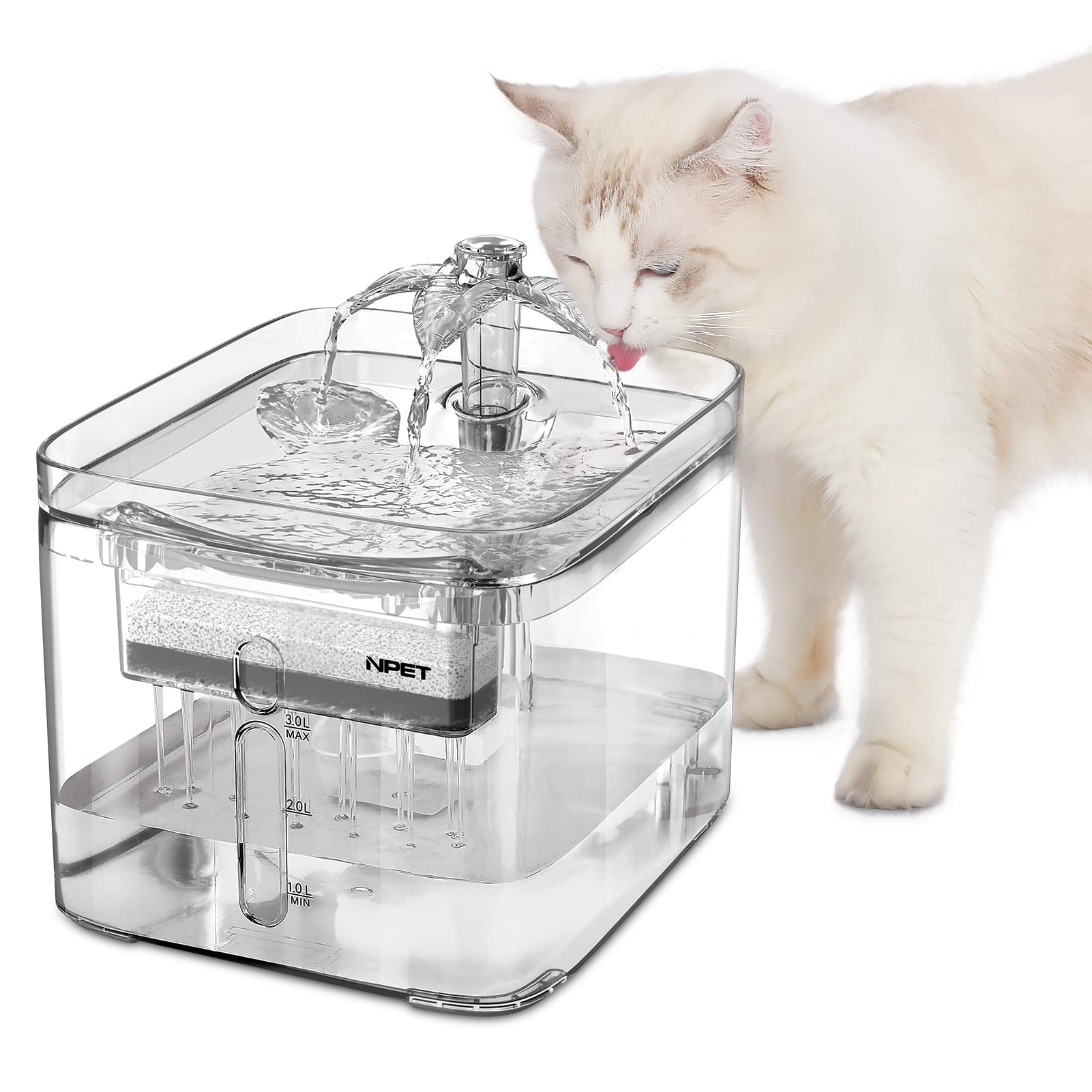 Npet Cat Water Fountain, 3L Automatic Pet Drinking Fountain Dog Water Dispenser With Quadruple-Action Filter (Wf020 Transparent)