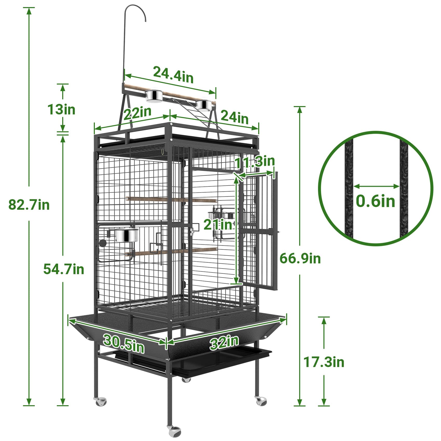 82 Inch Bird Cage, Boinn Bird Flight Cages With Rolling Stand & Bottom Tray, Wrought Iron Parrot Cage With Playtop For Parakeet, Lovebirds, Ringneck, Cockatiels