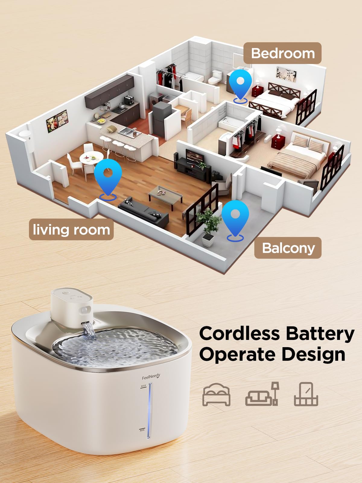 Wireless Cat Water Fountain With Sensor, 4000Mah Battery Operated, Feelneedy 4L/135 Fl Oz Pet Water Fountain For Cats And Dog, Ultra Quiet Cat Drinking Fountain With 2 Filters (White Ypd-C004P)