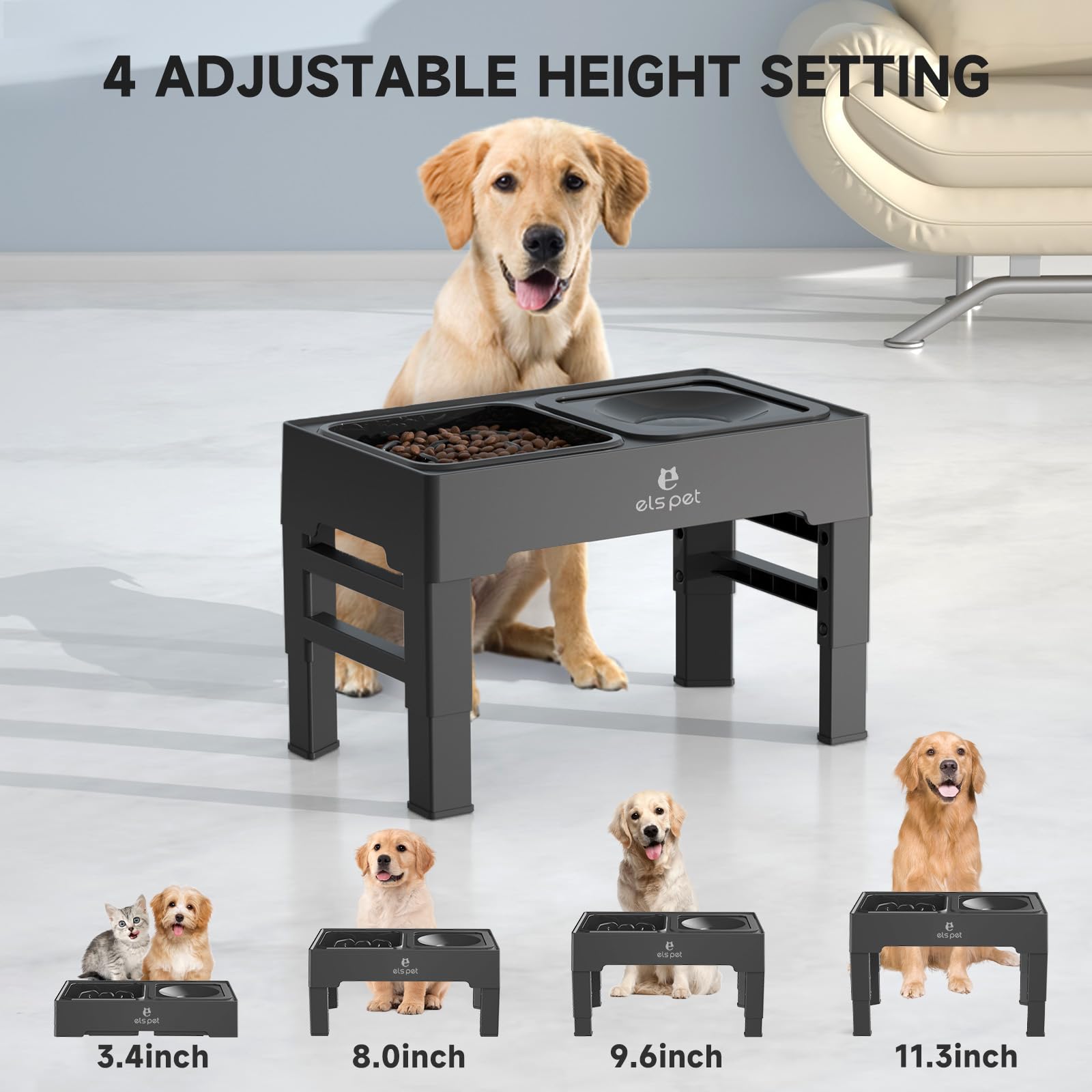 ELS PET Elevated Dog Bowls, Adjustable Raised Dog Bowls with No Spill Dog Water Bowl and Stainless Steel/Slow Feeder Dog Bowl, D