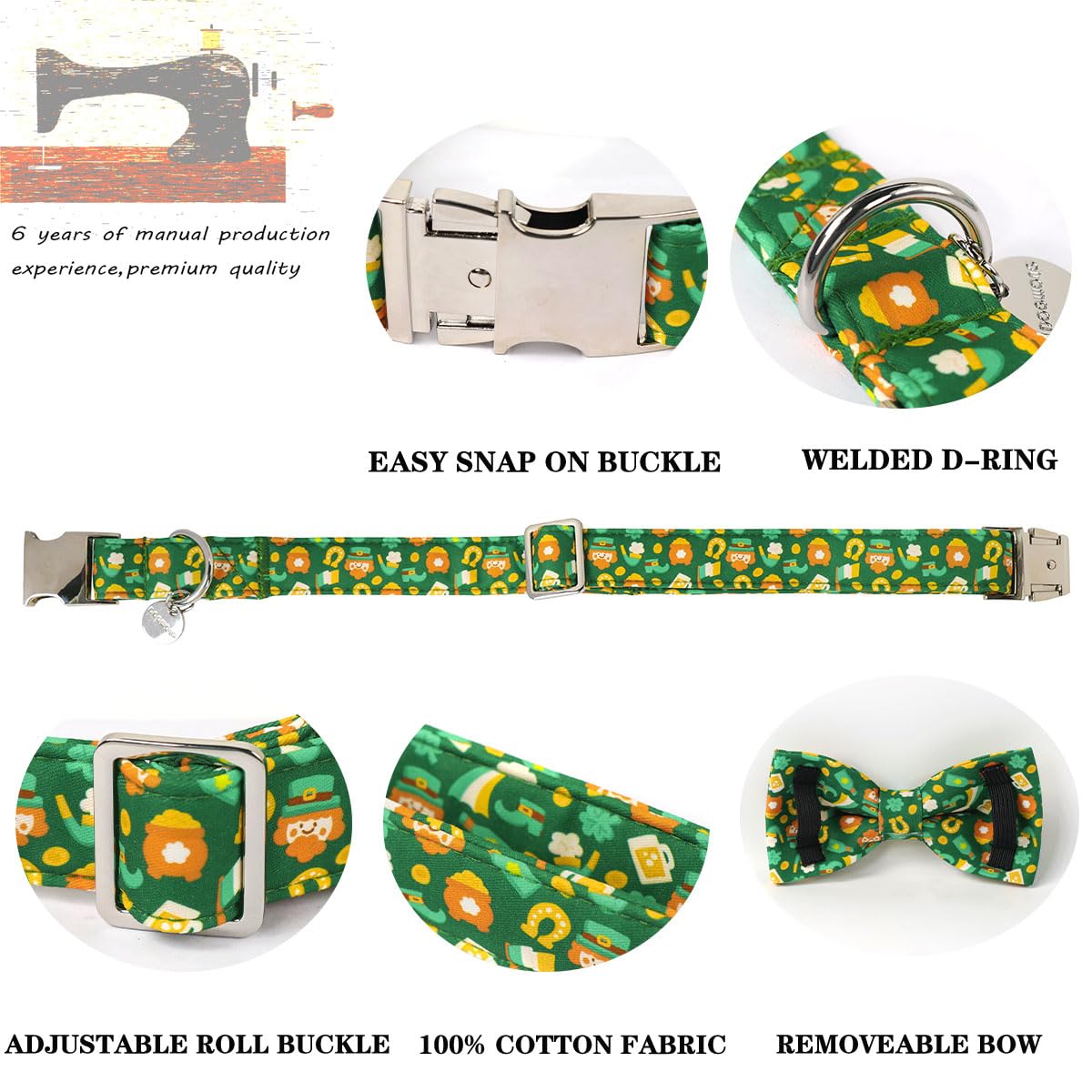 Dogwong St Patrick Dog Bow Tie With Collar, Irish Holiday Shamrock Lucky Dog Collar For Boys And Girls Large Medium Pets Puppies