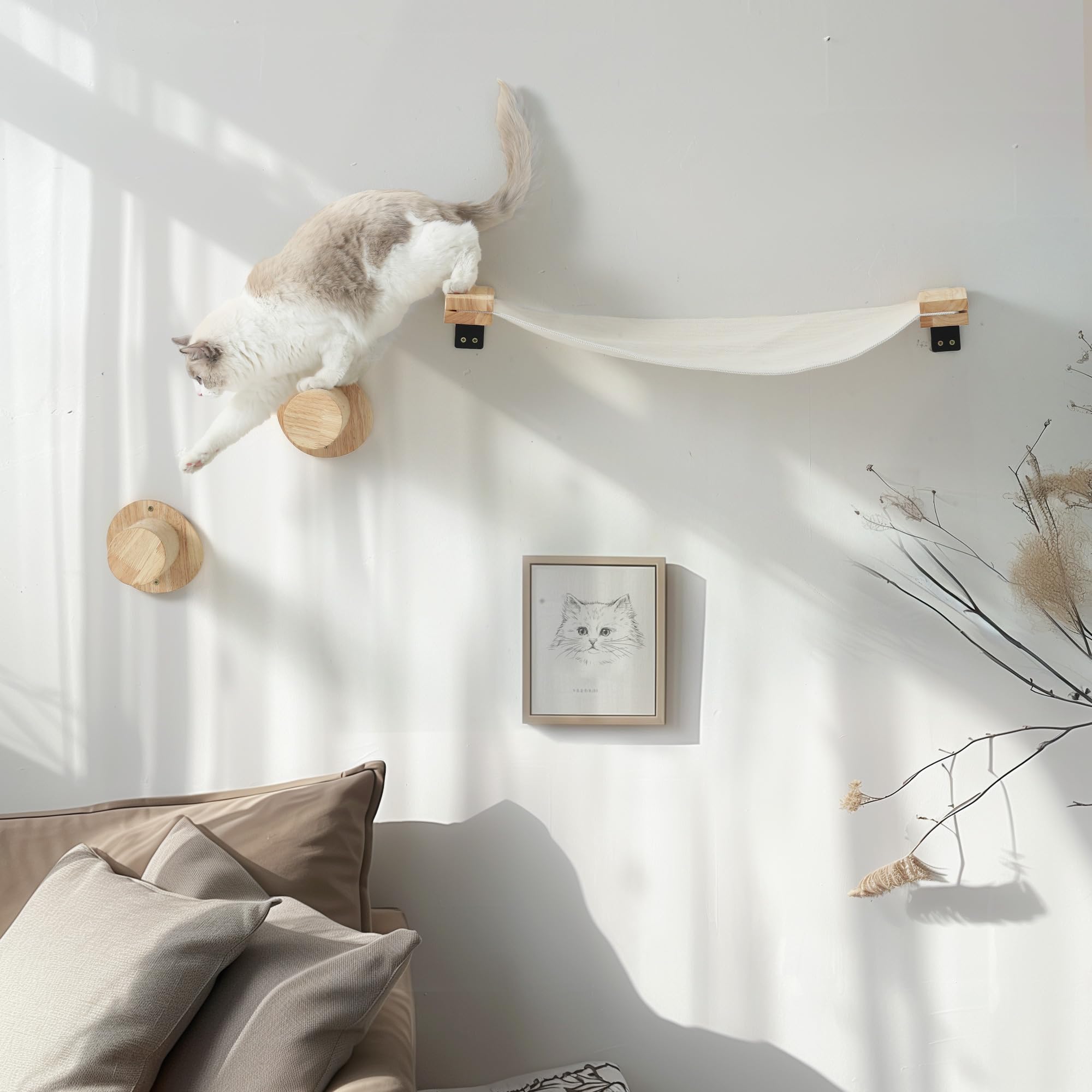 Fukumaru Cat Wall Furniture, 2 Pcs Climbing Shelves Set, Solid Rubber Wood Cat Shelf, Cats Perches For Wall Sleeping, Playing, J