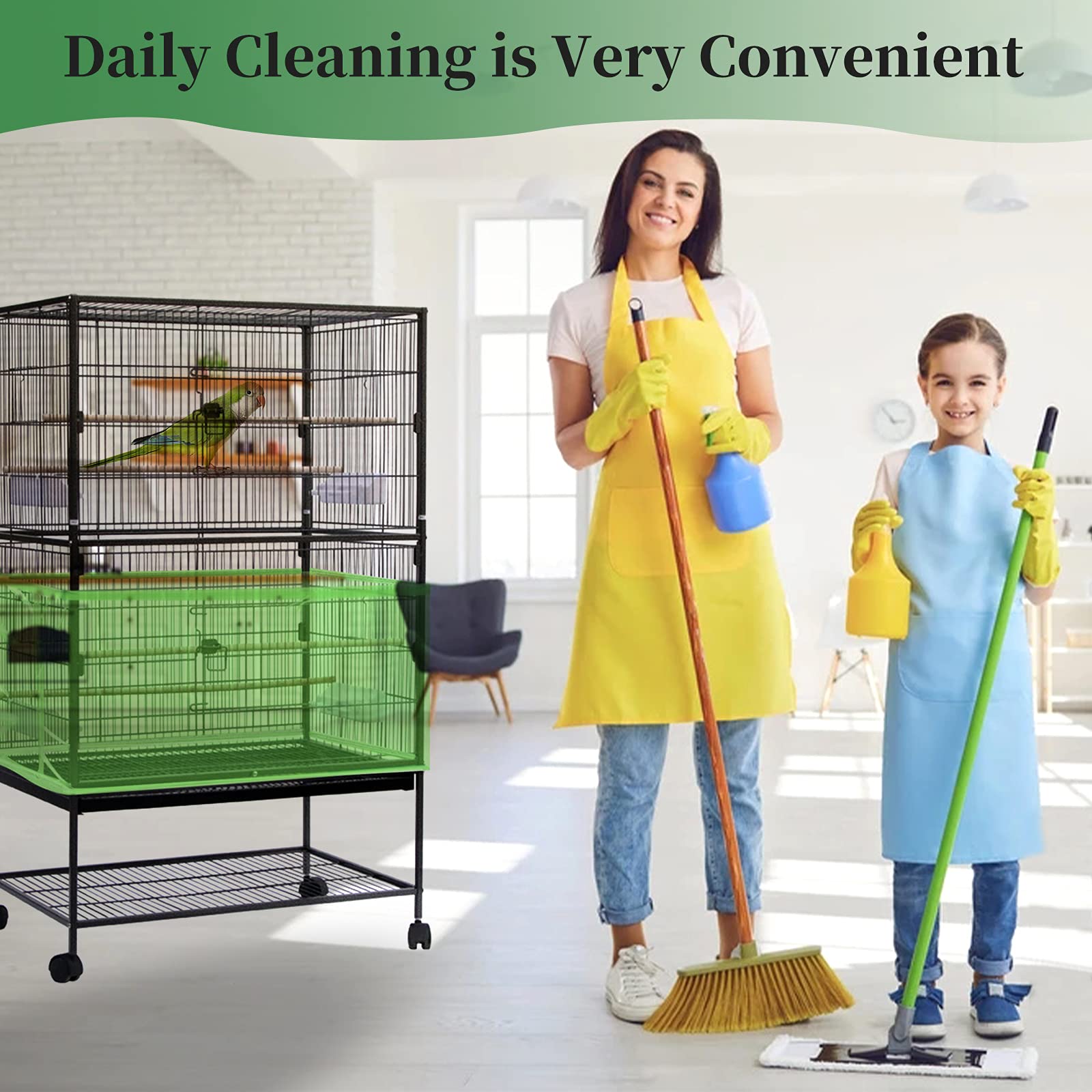 Daoeny Large Bird Cage Cover, Bird Cage Seed Catcher, Adjustable Soft Airy Nylon Mesh Net, Birdcage Cover Skirt Seed Guard For Parrot Parakeet Macaw African Round Square Cages (Green)