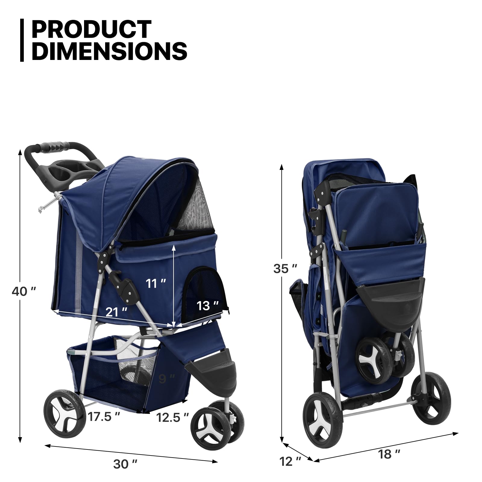 Monibloom 3 Wheels Pet Stroller, Foldable Dog Cat Cage Jogger Stroller With Weather Cover For All-Season, Storage Basket And Cup Holder, Breathable And Visible Mesh For Small/Medium Pets, Blue