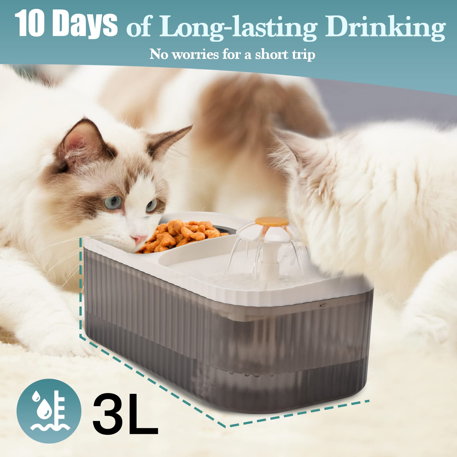 TODDLT Cat Water Fountain - Super Quiet Automatic Pet Water Dispenser, 100oz/3L with Stainless Steel Cat Bowls and Long Life Spa
