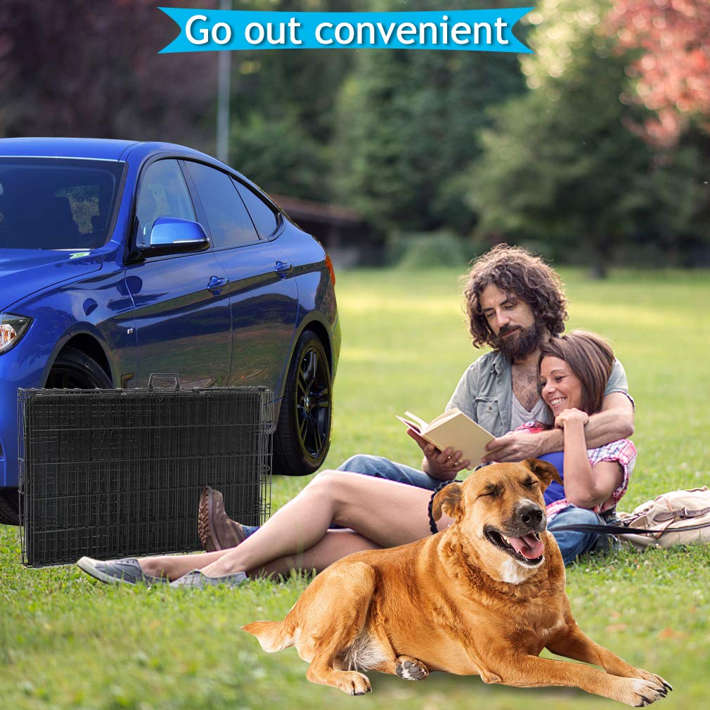 Dkeli 42 Dog Crate Kennel Cage - Portable, Foldable, Double Door Wire Metal Pet Cage with ABS Tray & Divider, Black