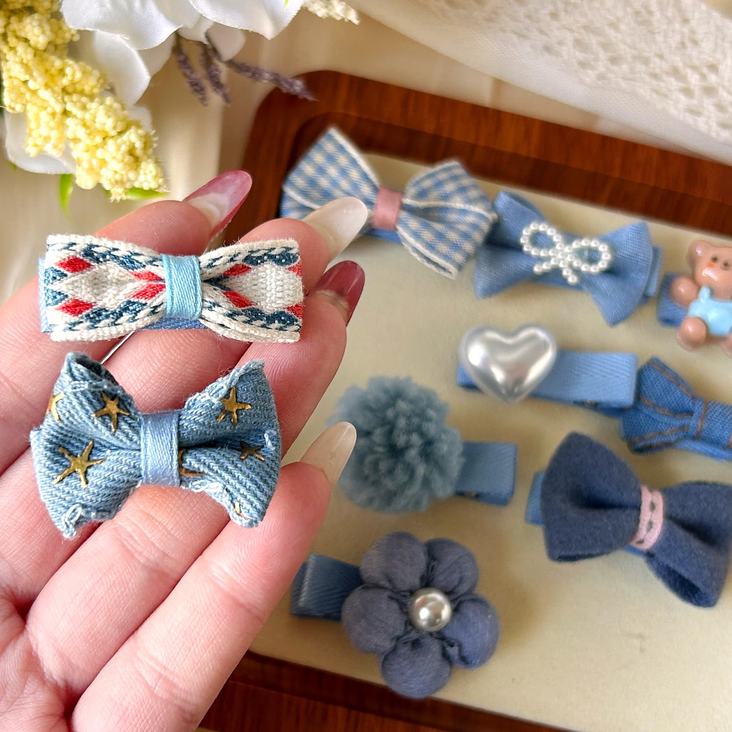 Blue Dog Hair Clips And Rubber Bands Small Dog Bows Denim Cute Pet Grooming Accessories Alligator Clips Stay In Hair Barrettes F