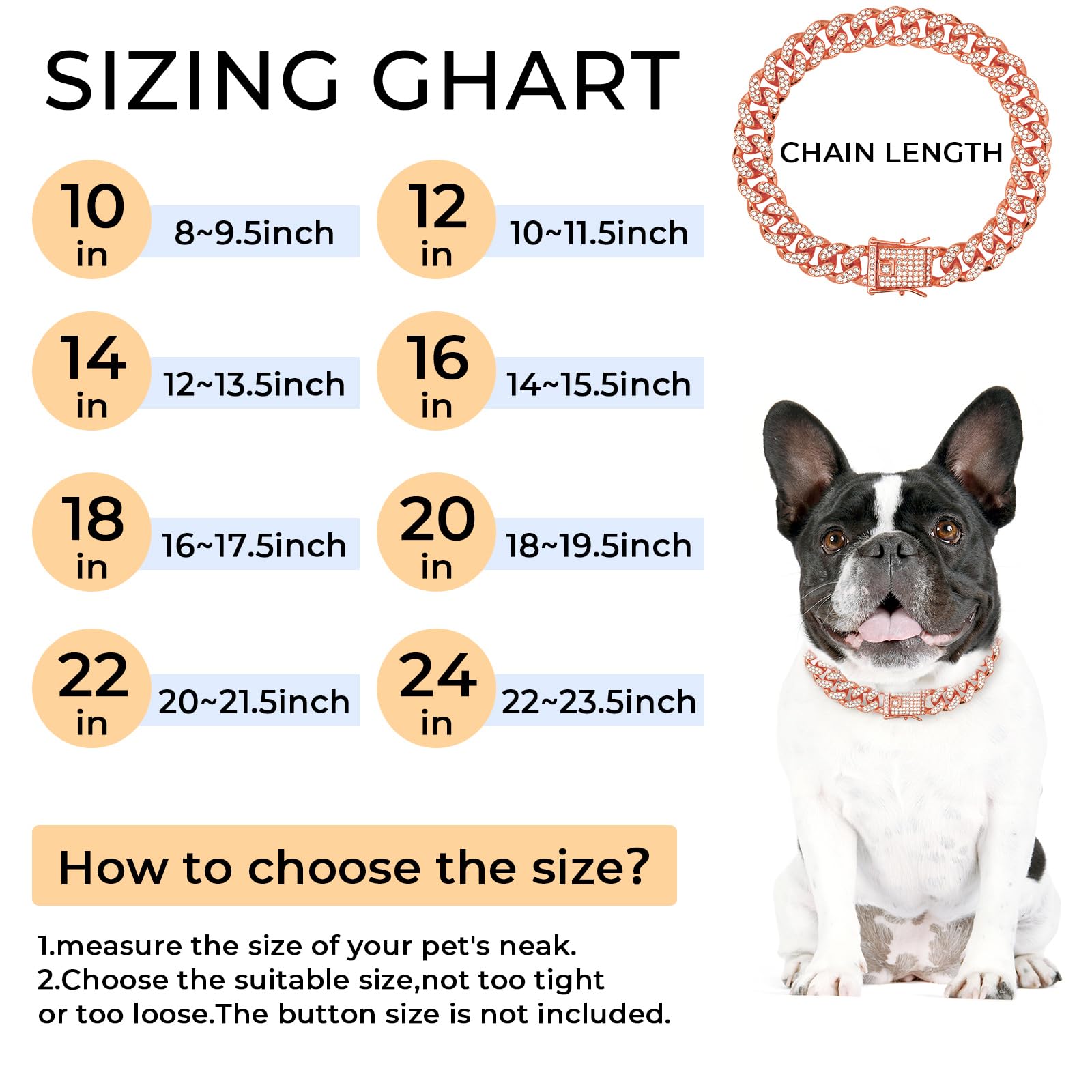 Thamiao Rose Gold Dog Chain Collar - Crystal Dog Necklace For Small, Medium & Large Dogs (14 Inch)