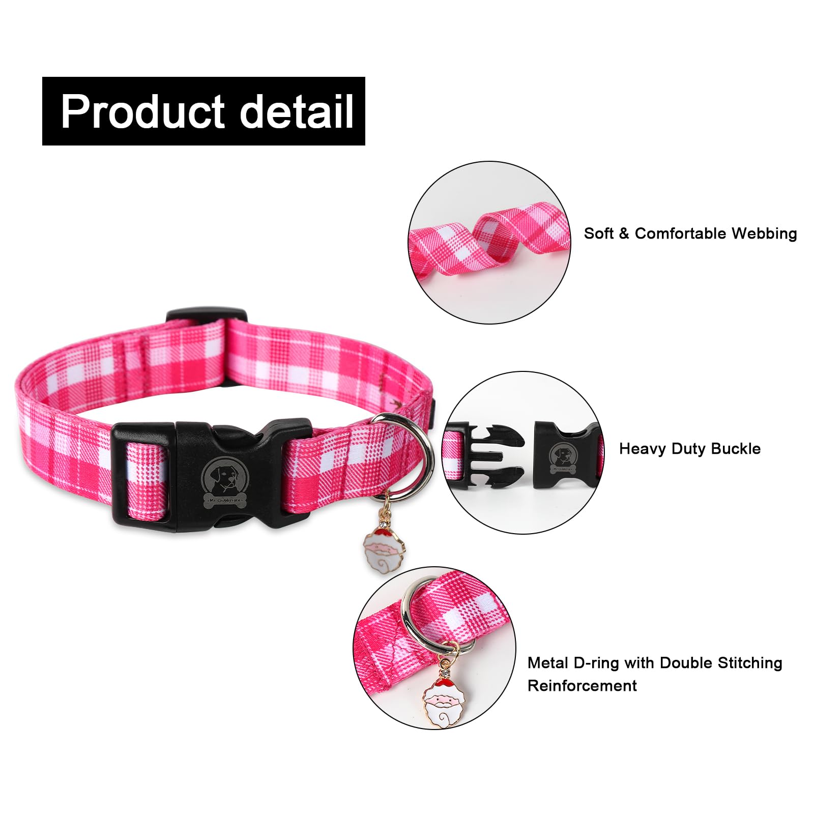 Mr. Chubbyface Christmas Webbing Dog Collar, Pink Plaid Pet Collar With Adjustable Buckle Christmas Collars For Small Medium Lar