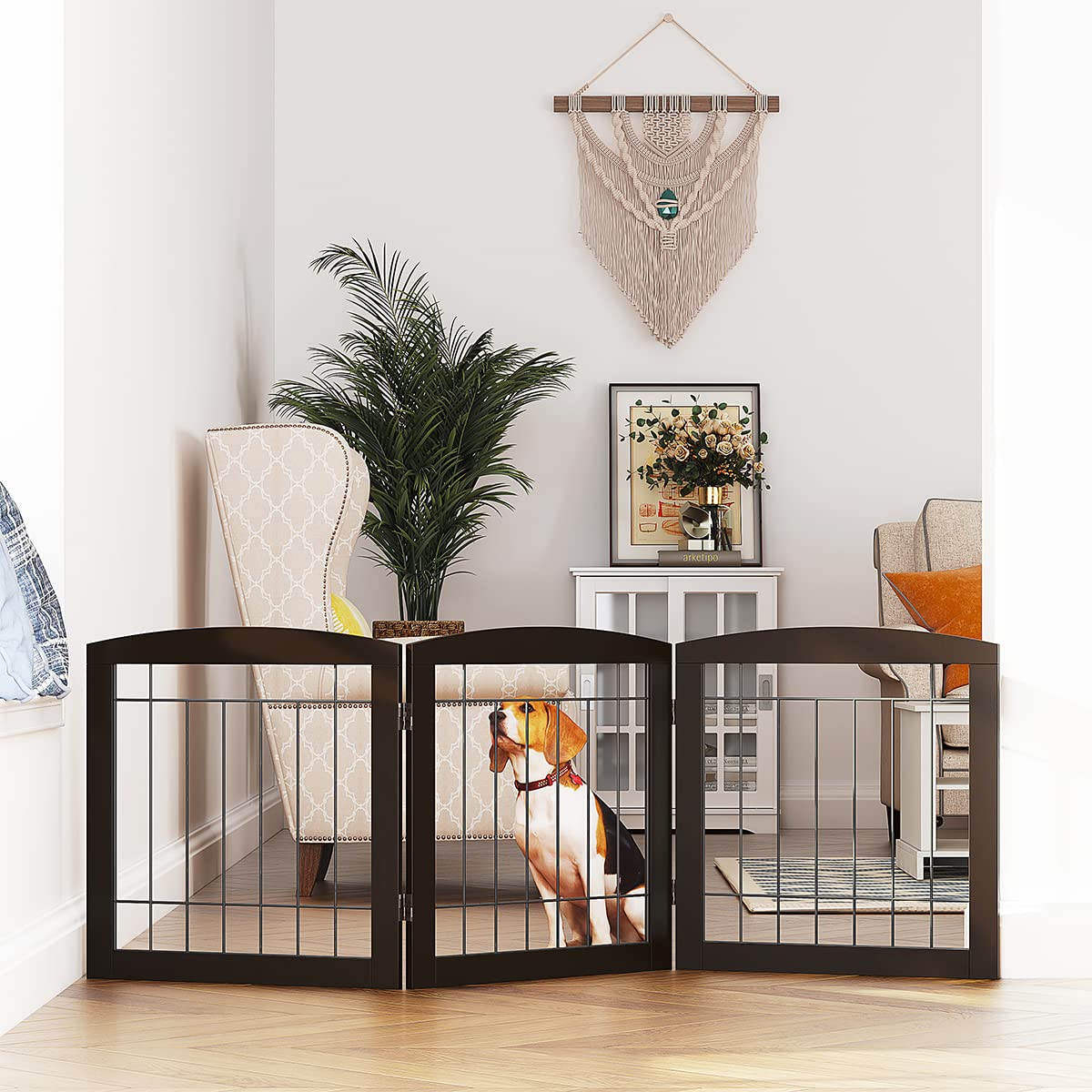 Pawland Wire Free Standing Pet Gate For Dogs, Foldable Dog Gate For The House Indoor, Step Over Pet Puppy Safety Fence, Doorway, Stairs, 80 Inch Wide, 24' Height 3 Panels, Espresso