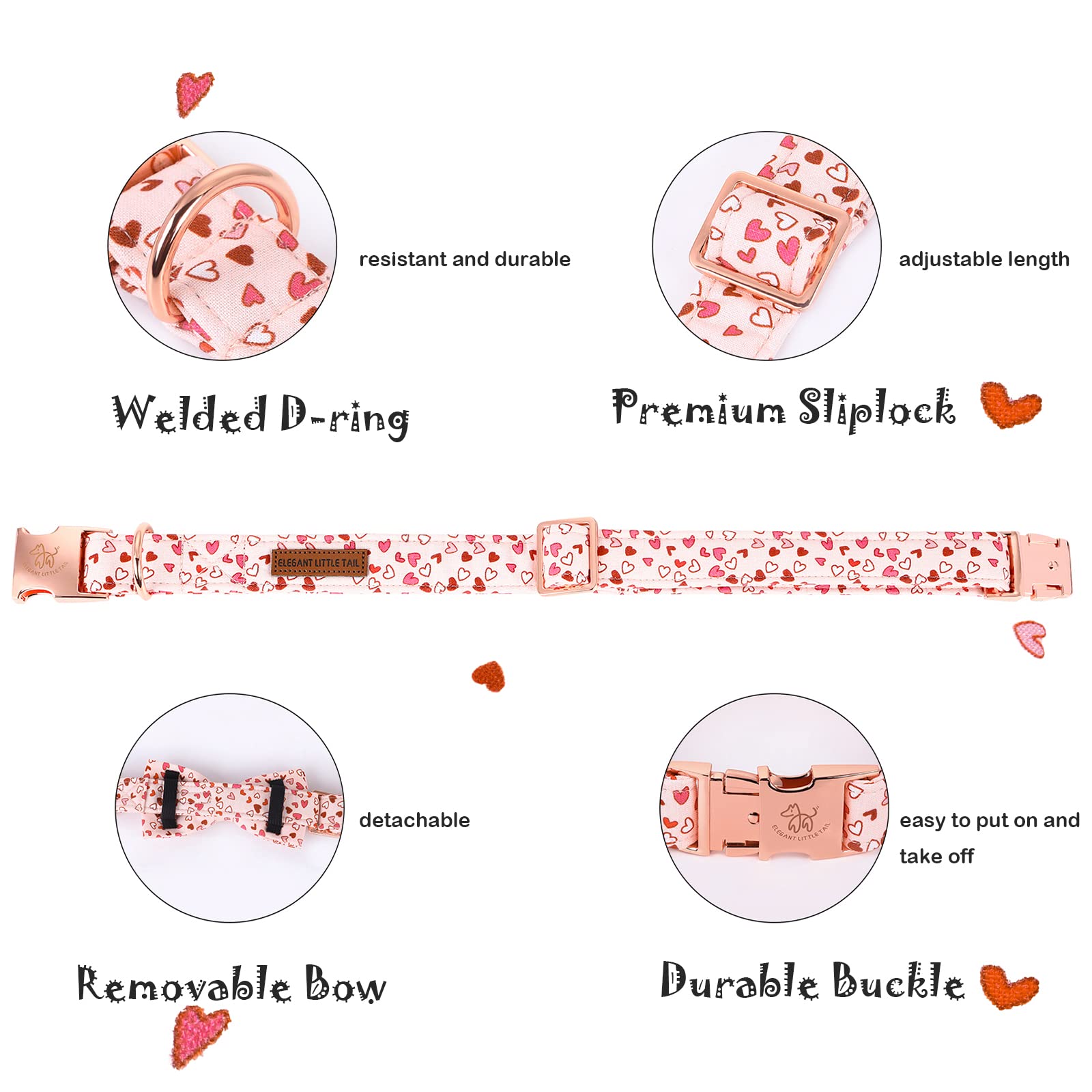 Elegant Little Tail Valentine'S Dog Collar With Bow, American Flag Bow Tie Dog Collar, Cute Heart Dog Bowtie Pet Gift Dog Collar