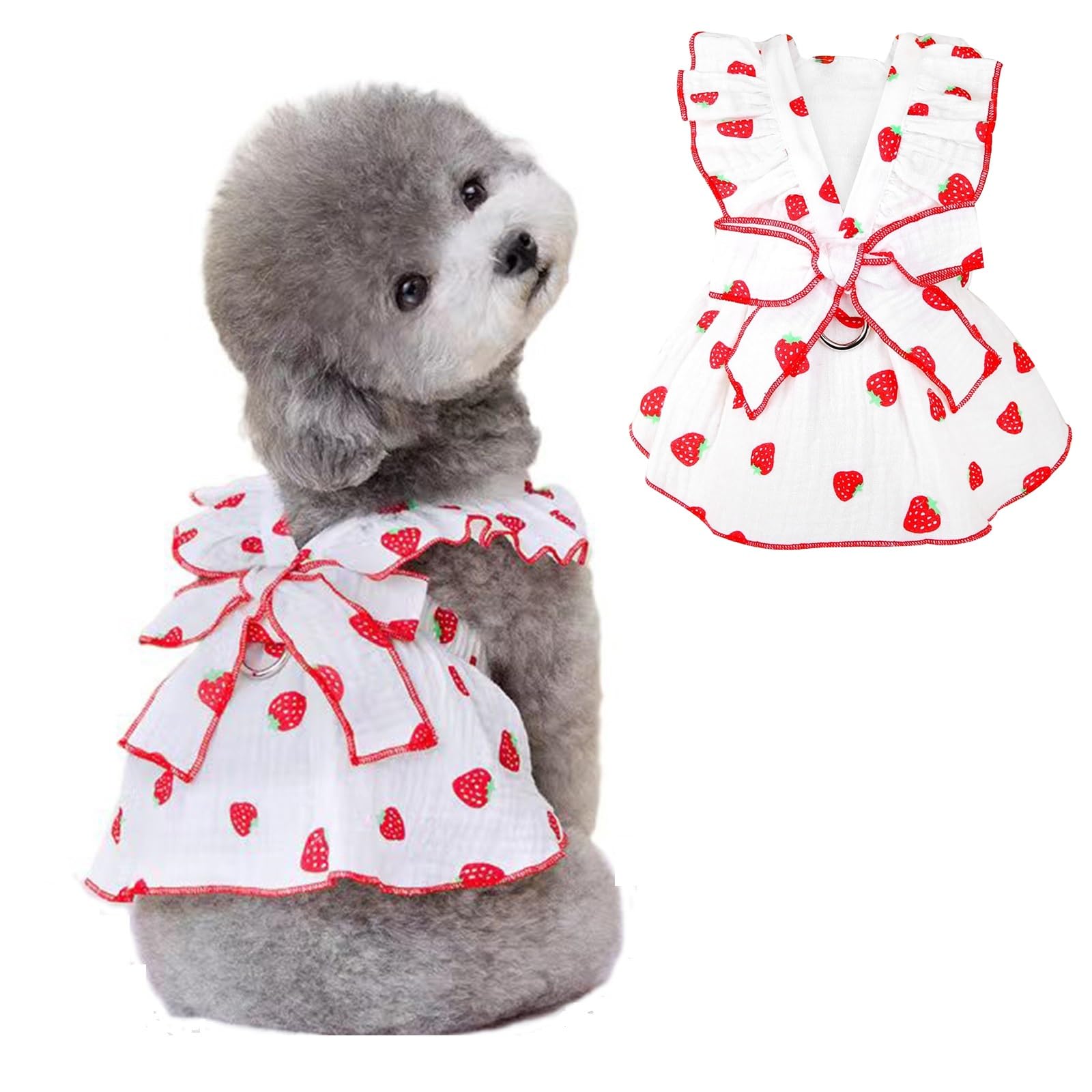 Dog Dresses For Small Dogs Girl, 100% Cotton Girl Dog Clothes With Leash Ring & Bow Decor,Cute Small Dog Clothes For Girls Straw
