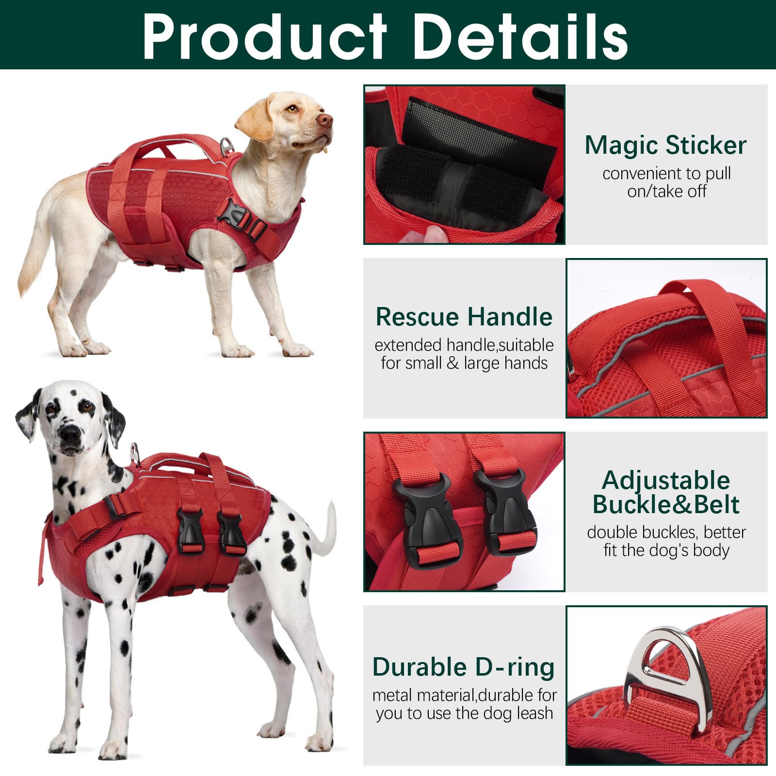 Kuoser Dog Life Jacket High Flotation, Reflective Dog Life Vest For Swimming Boating, Adjustable Small Medium Large Dog Lifejacket, Lightweight Dog Life Preserver Rescue Handle Spring Summer Pool