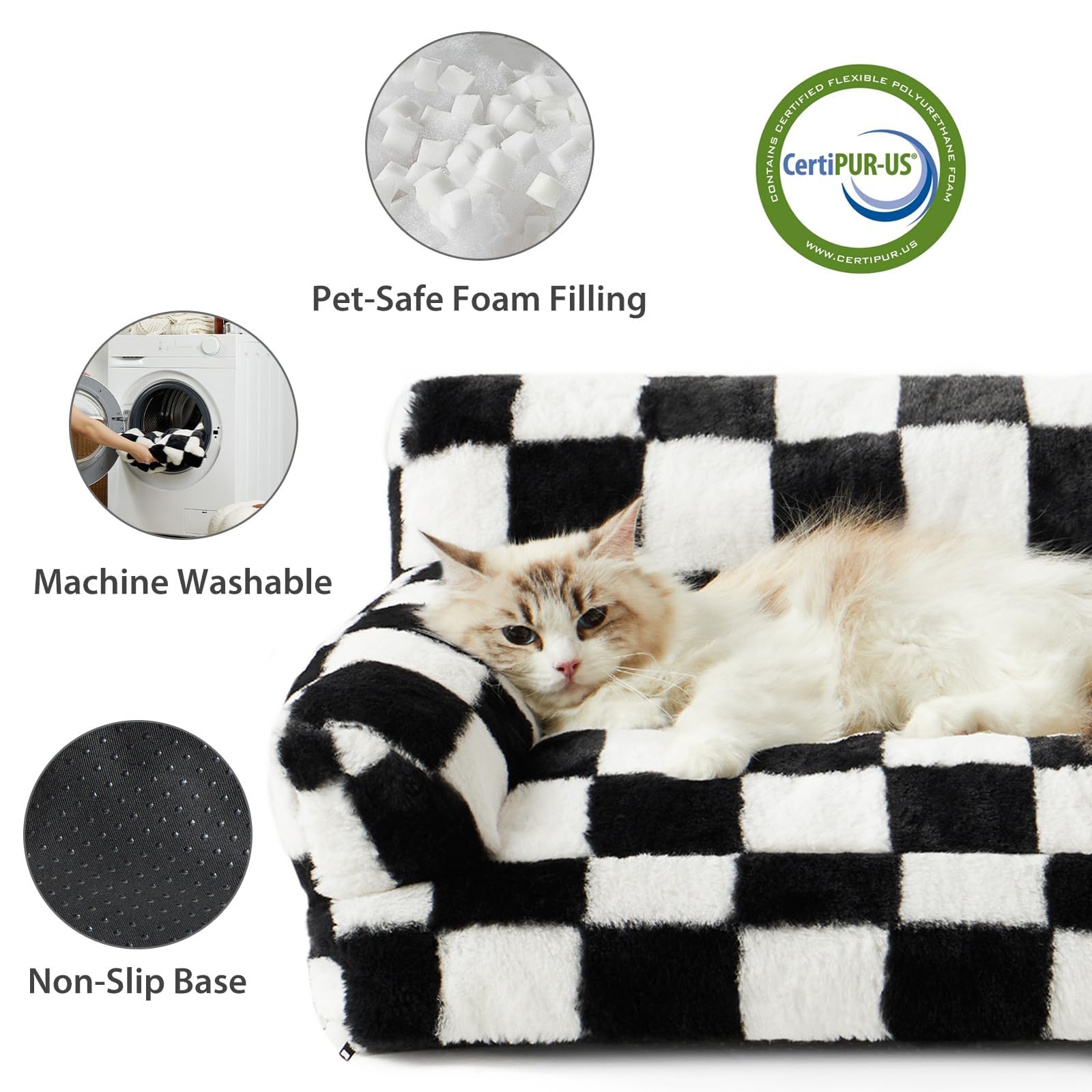 Bfpethome Cat Couch & Dog Couch Bed, Pet Sofa For Small Pet, Cute Cat Sofa, Checkered Dog Bed With Washable Cover (Black&White)