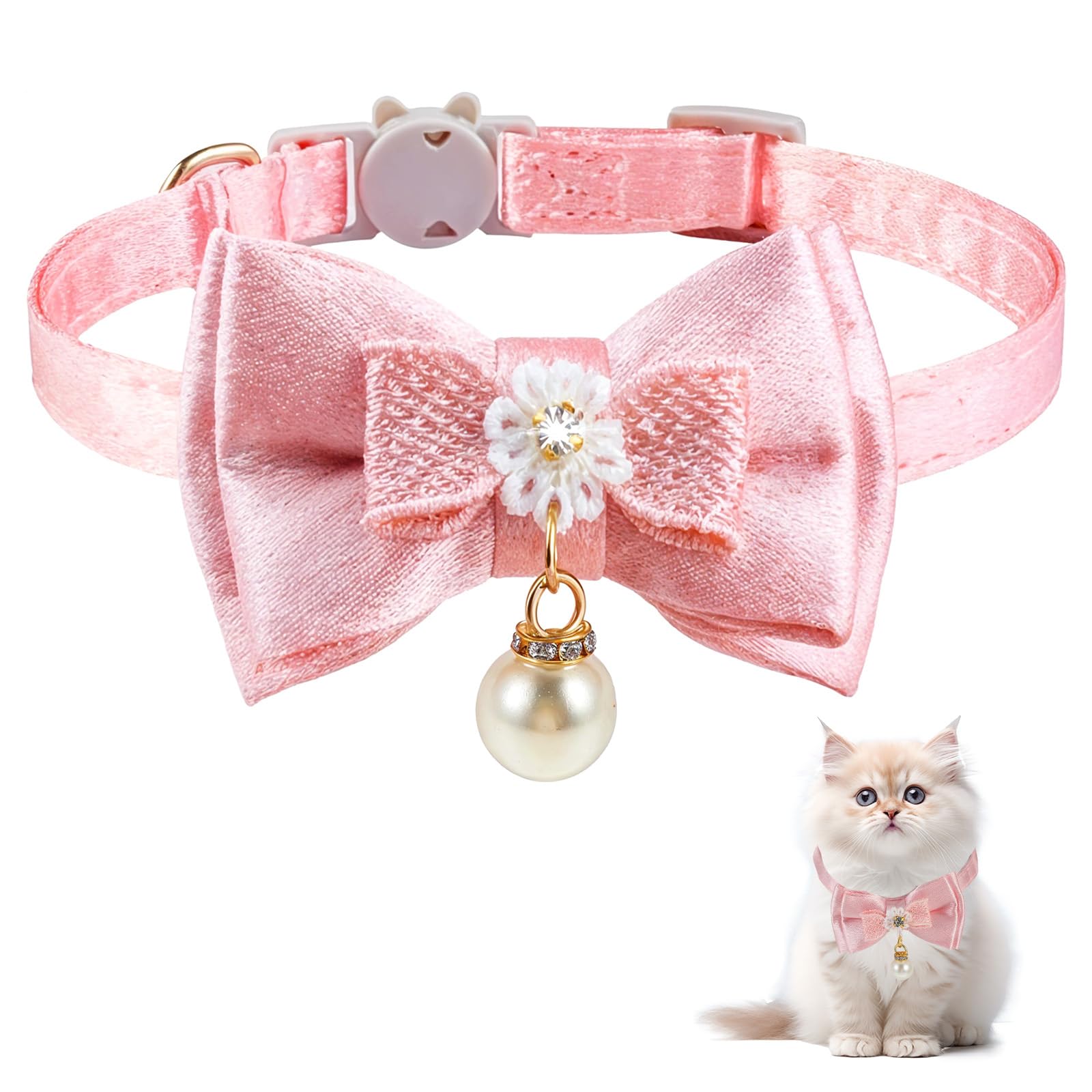 Jjunw Cat Collar Breakaway, Cat Collar With Pearl Pendant Quick Release Safe Buckle Pink Bowtie Adjustable Baby Kitten Collars C