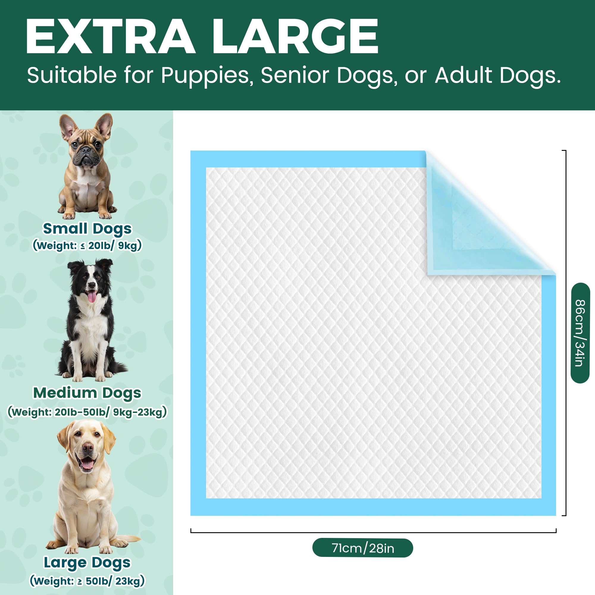 YOPETKI Extra Large Dog Pee Pads - 100 Count, 28"x34", Super Absorbent, Leak-Proof, Quick-Dry, Blue, Wood Pulp & Polyester